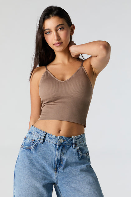 Seamless Ribbed V-Neck Cami with Built-In Bra Cups