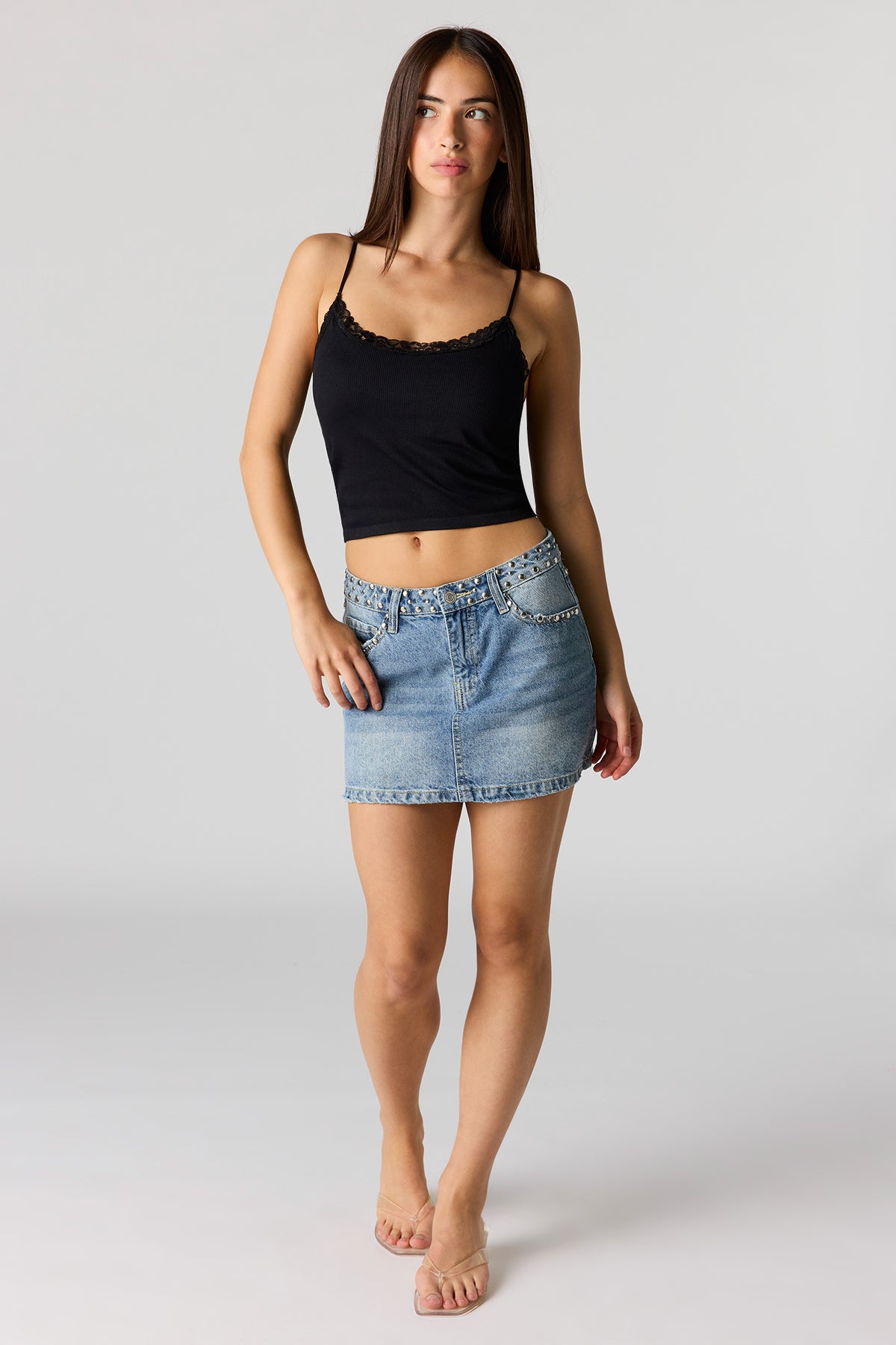 Alt View 3. Seamless Ribbed Lace Trim Cami - Black