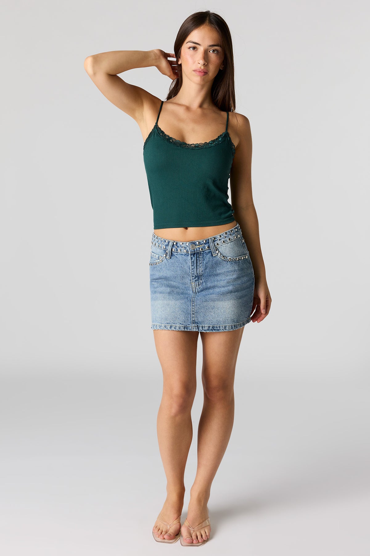 Alt View 3. Seamless Ribbed Lace Trim Cami - Hunter Green
