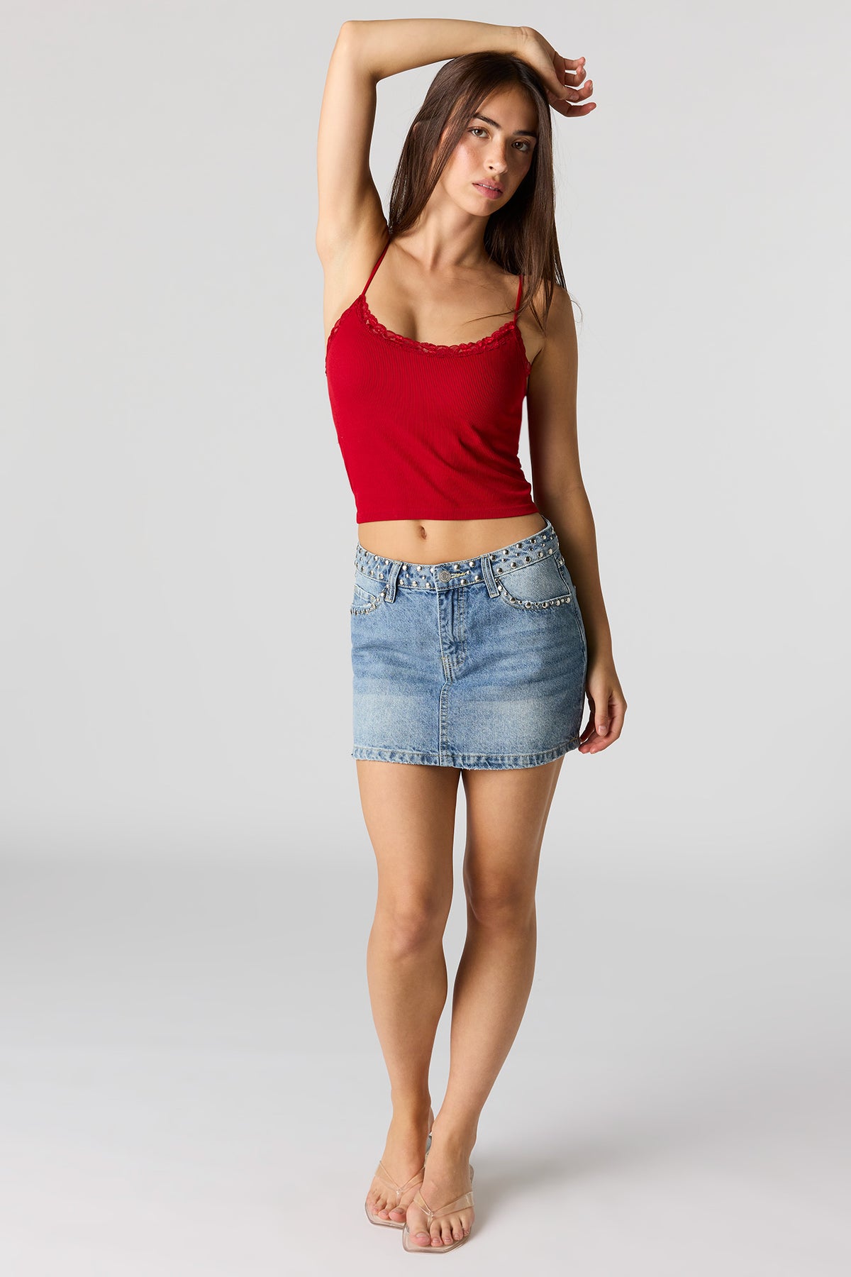 Alt View 3. Seamless Ribbed Lace Trim Cami - Red