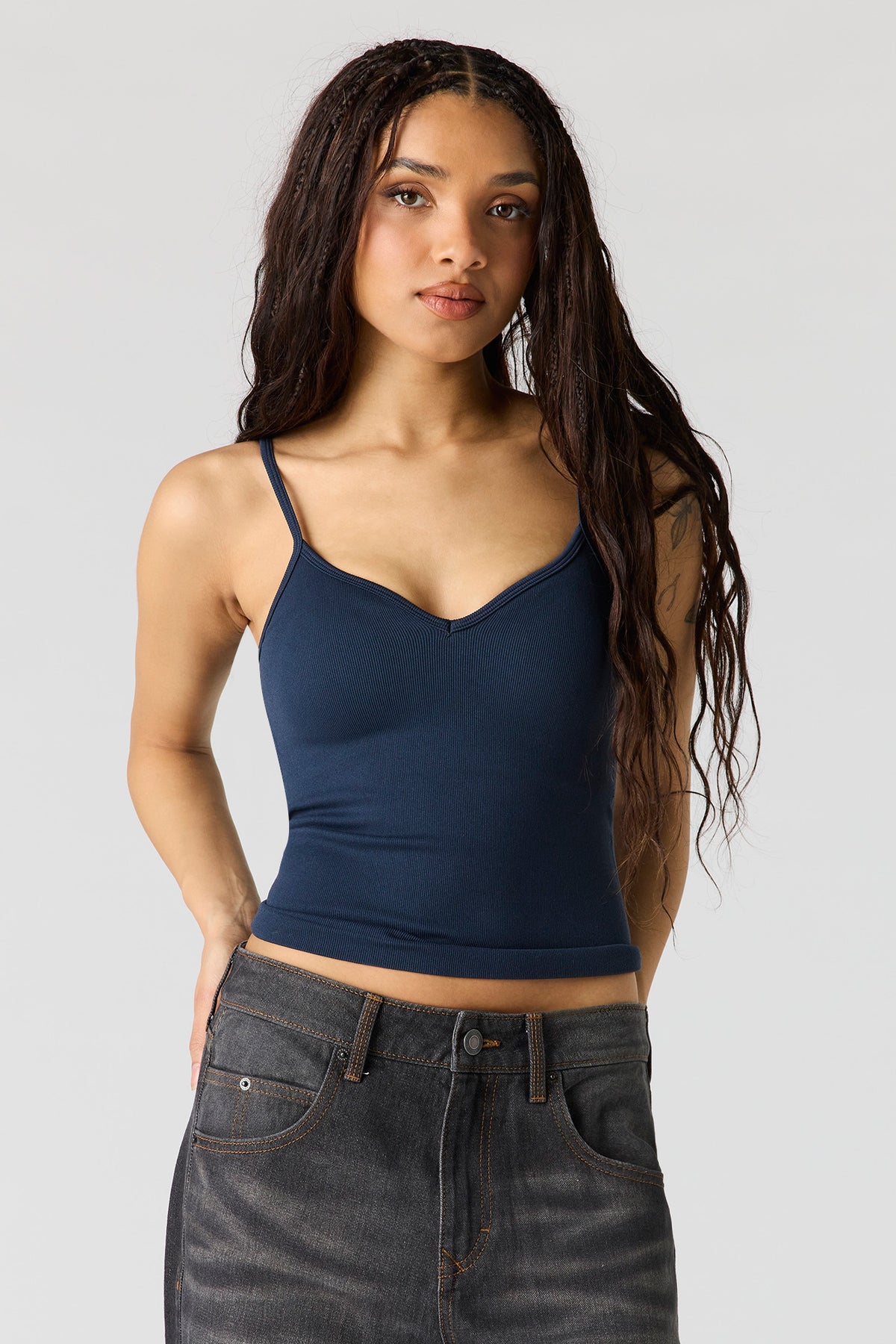 Braless Seamless Ribbed V-Neck Cami - Navy
