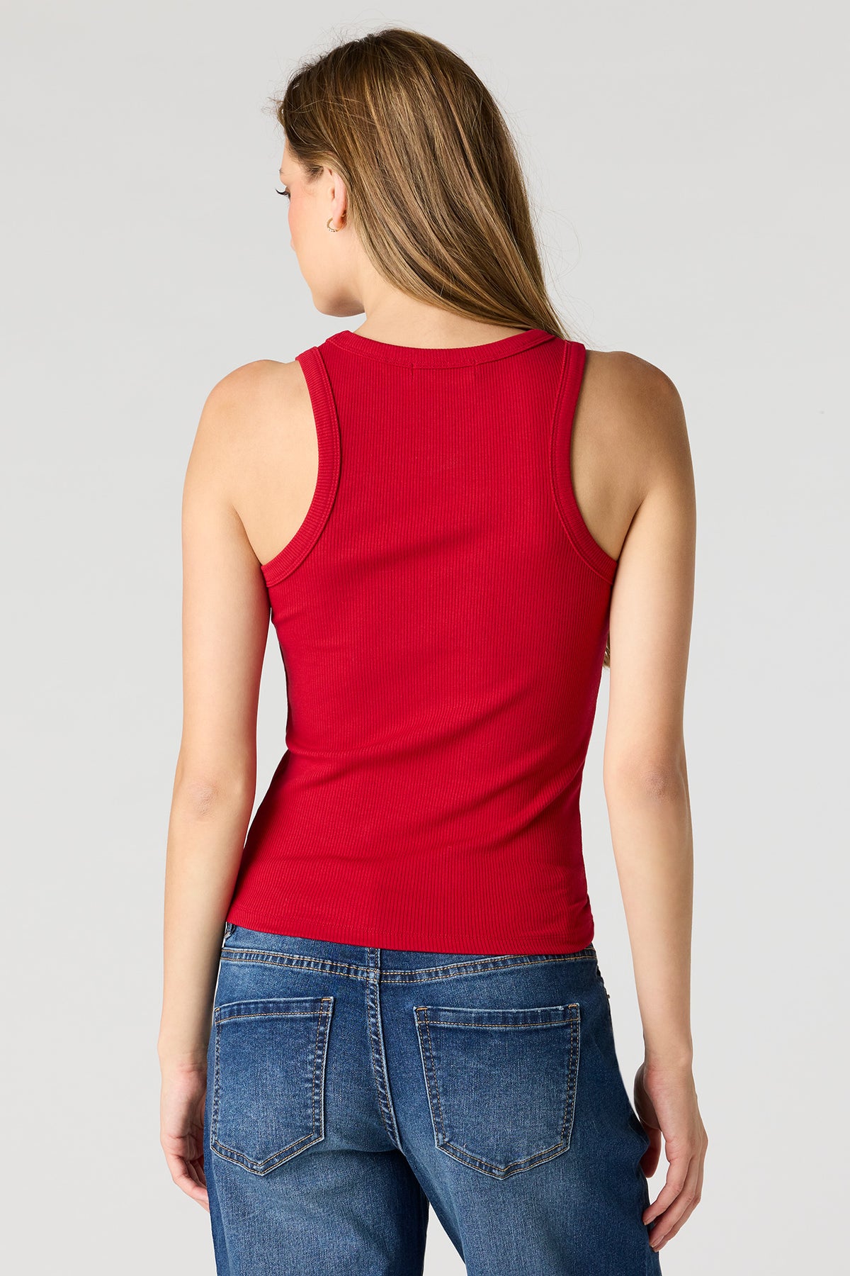 Alt View 2. Ribbed High Neck Tank - Red
