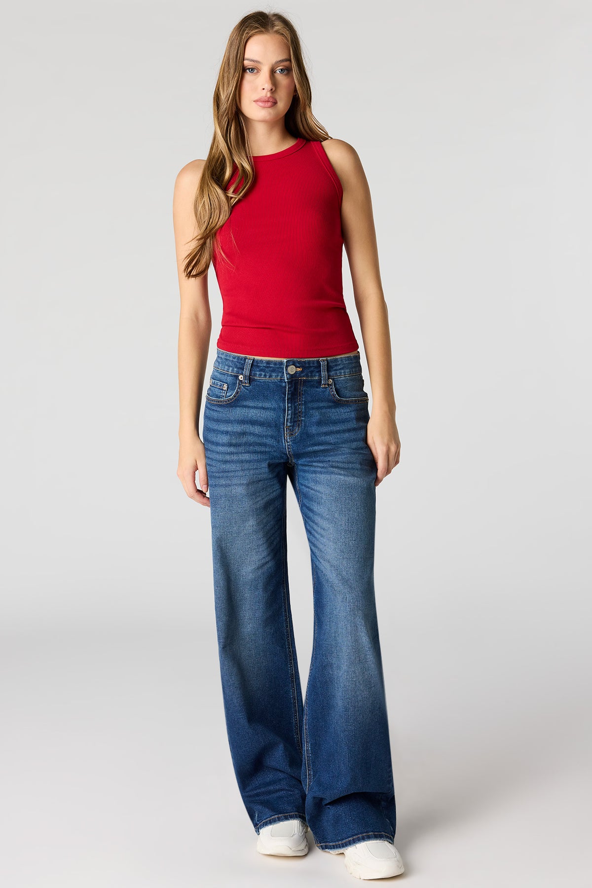 Alt View 3. Ribbed High Neck Tank - Red