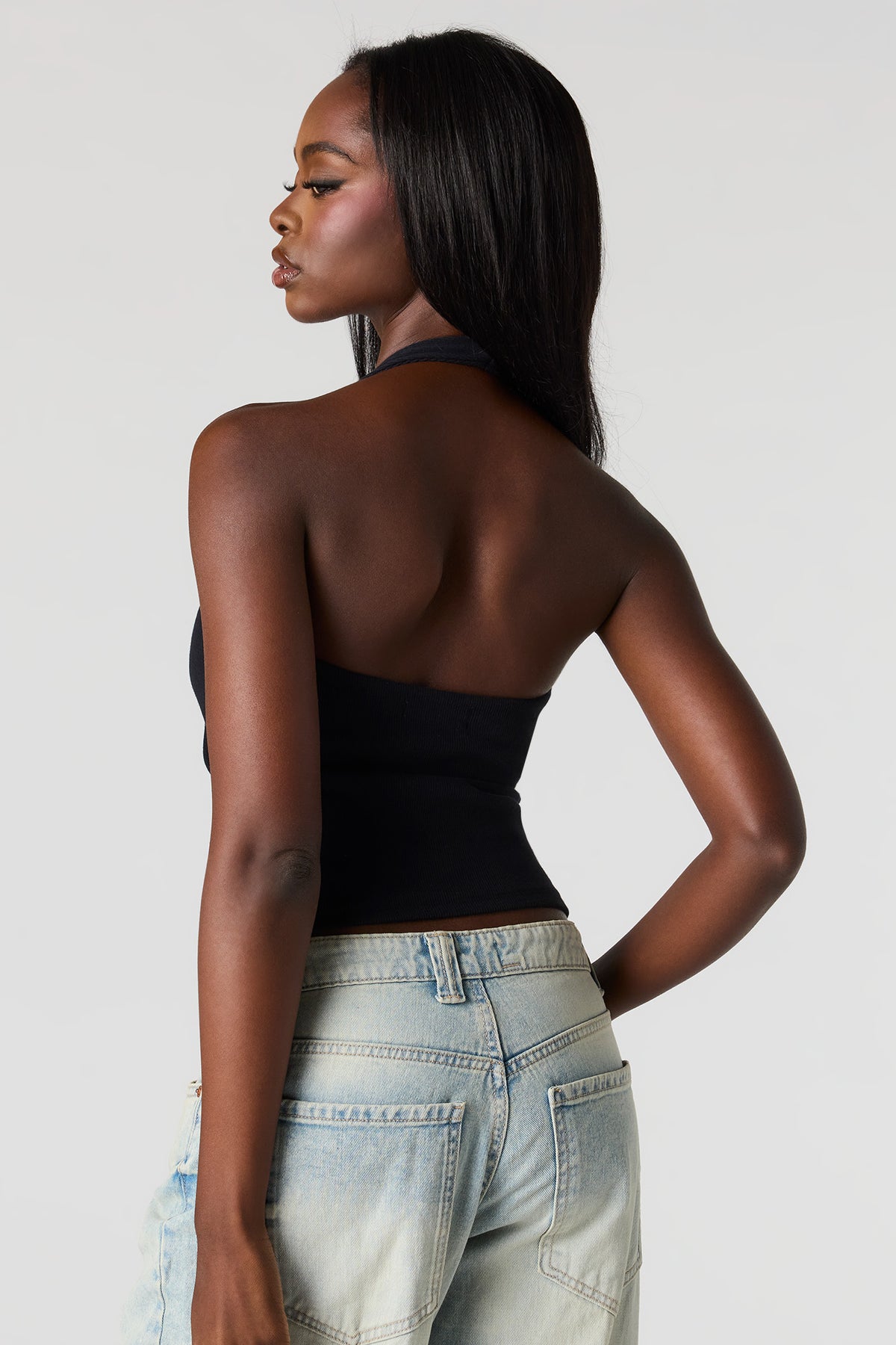 Alt View 2. Braless Ribbed Halter Top - Black