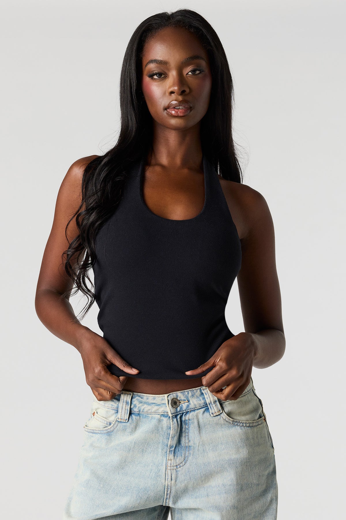 Braless Ribbed Halter Top - Black