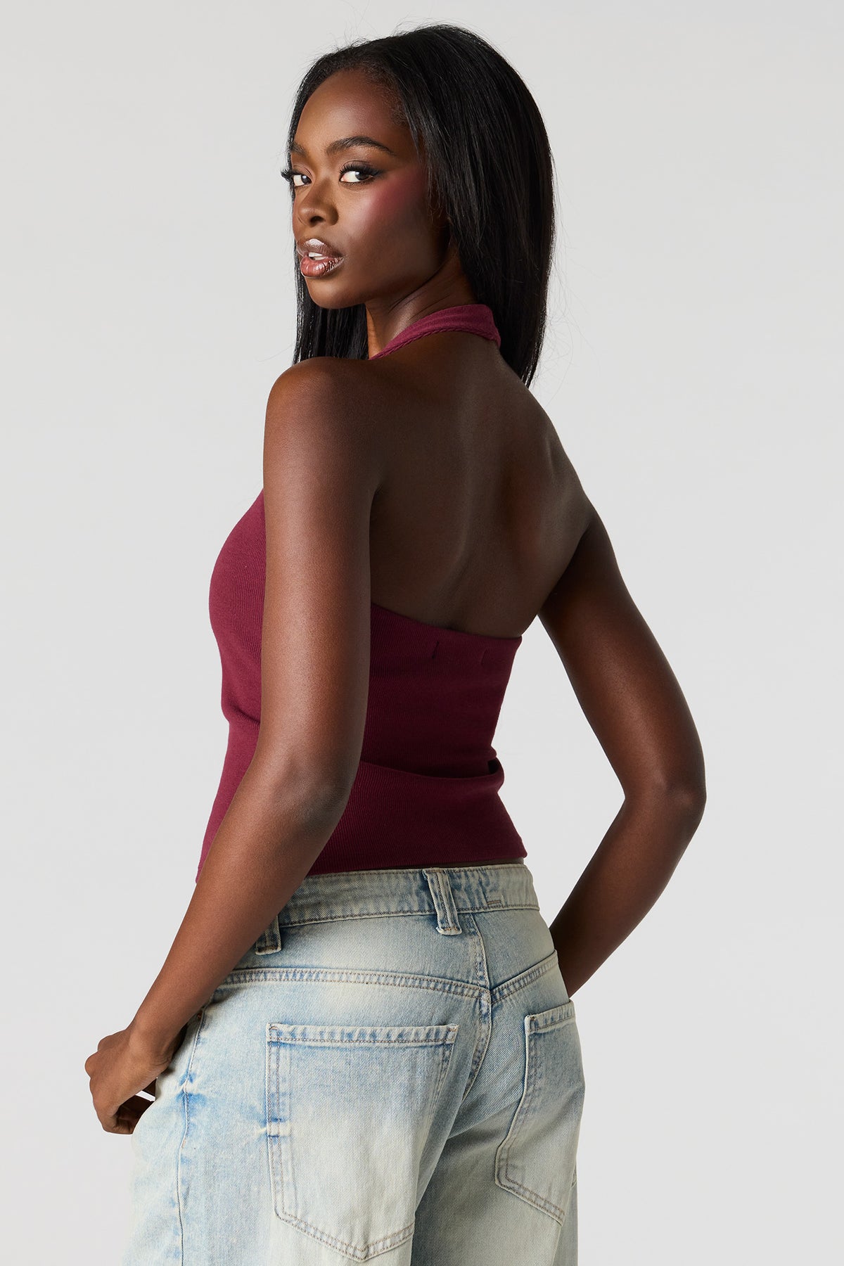 Alt View 2. Braless Ribbed Halter Top - Burgundy