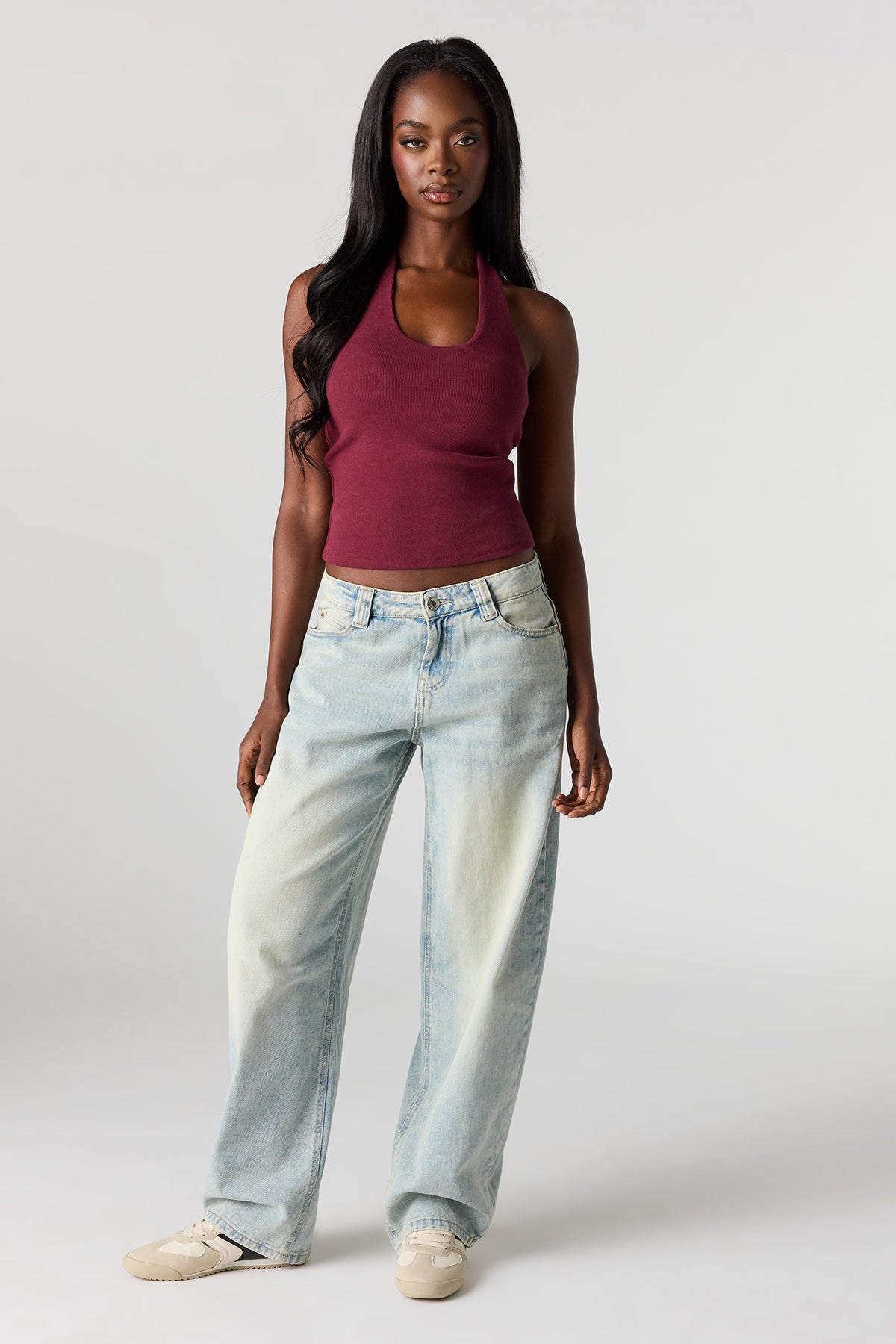 Alt View 3. Braless Ribbed Halter Top - Burgundy