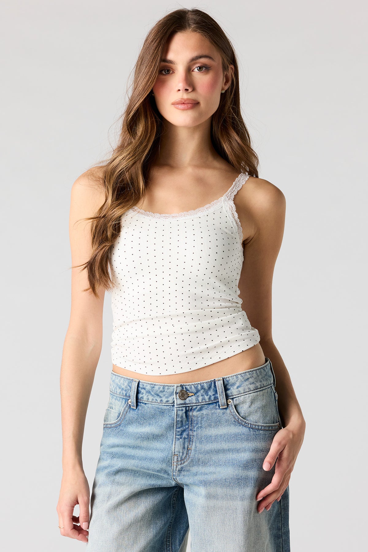 Ribbed Scoop Neck Lace Tank - Off White