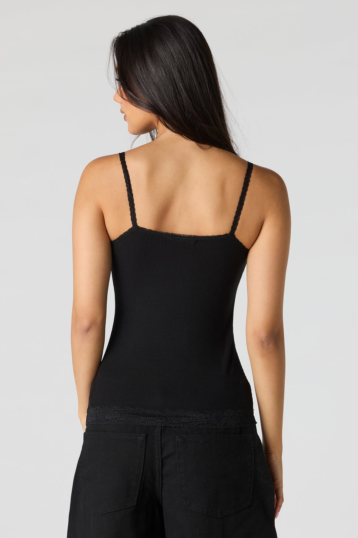 Alt View 2. Ribbed Lace Trim V-Neck Cami - Black
