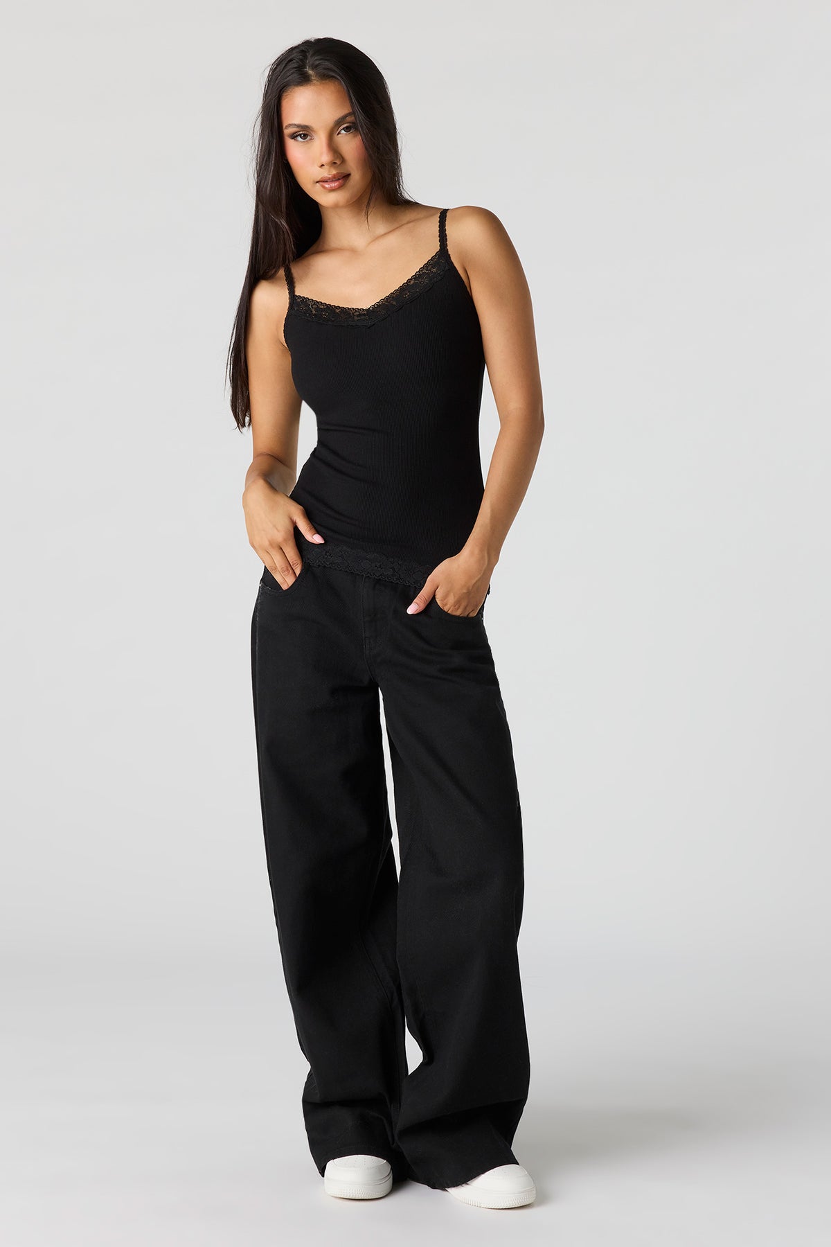 Alt View 3. Ribbed Lace Trim V-Neck Cami - Black