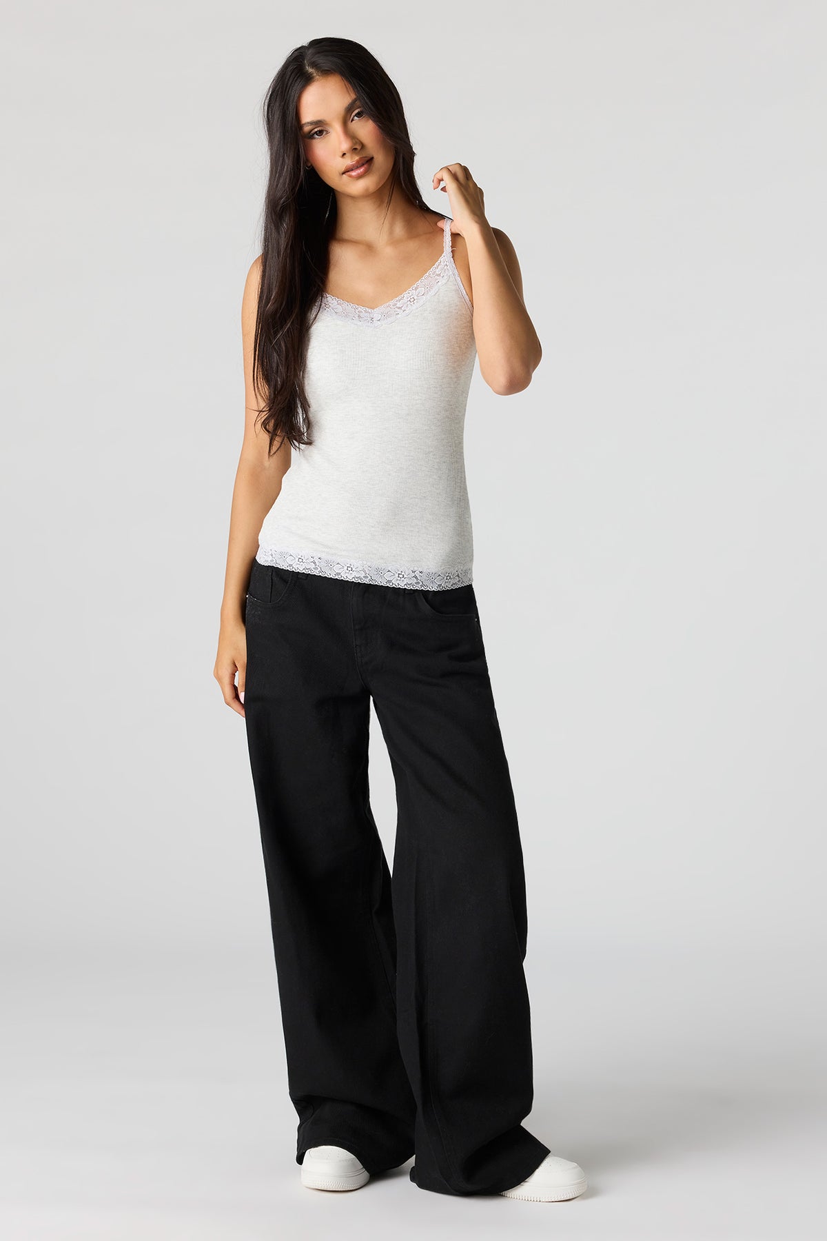 Alt View 3. Ribbed Lace Trim V-Neck Cami - Heather Grey