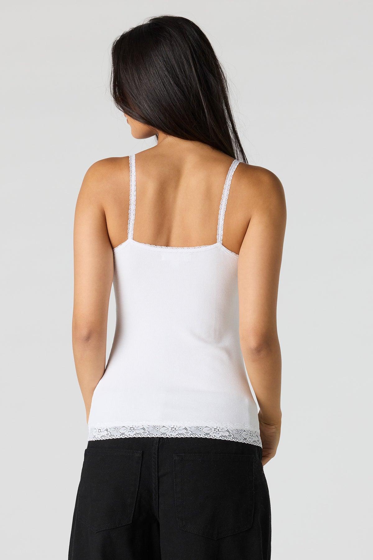 Alt View 2. Ribbed Lace Trim V-Neck Cami - White