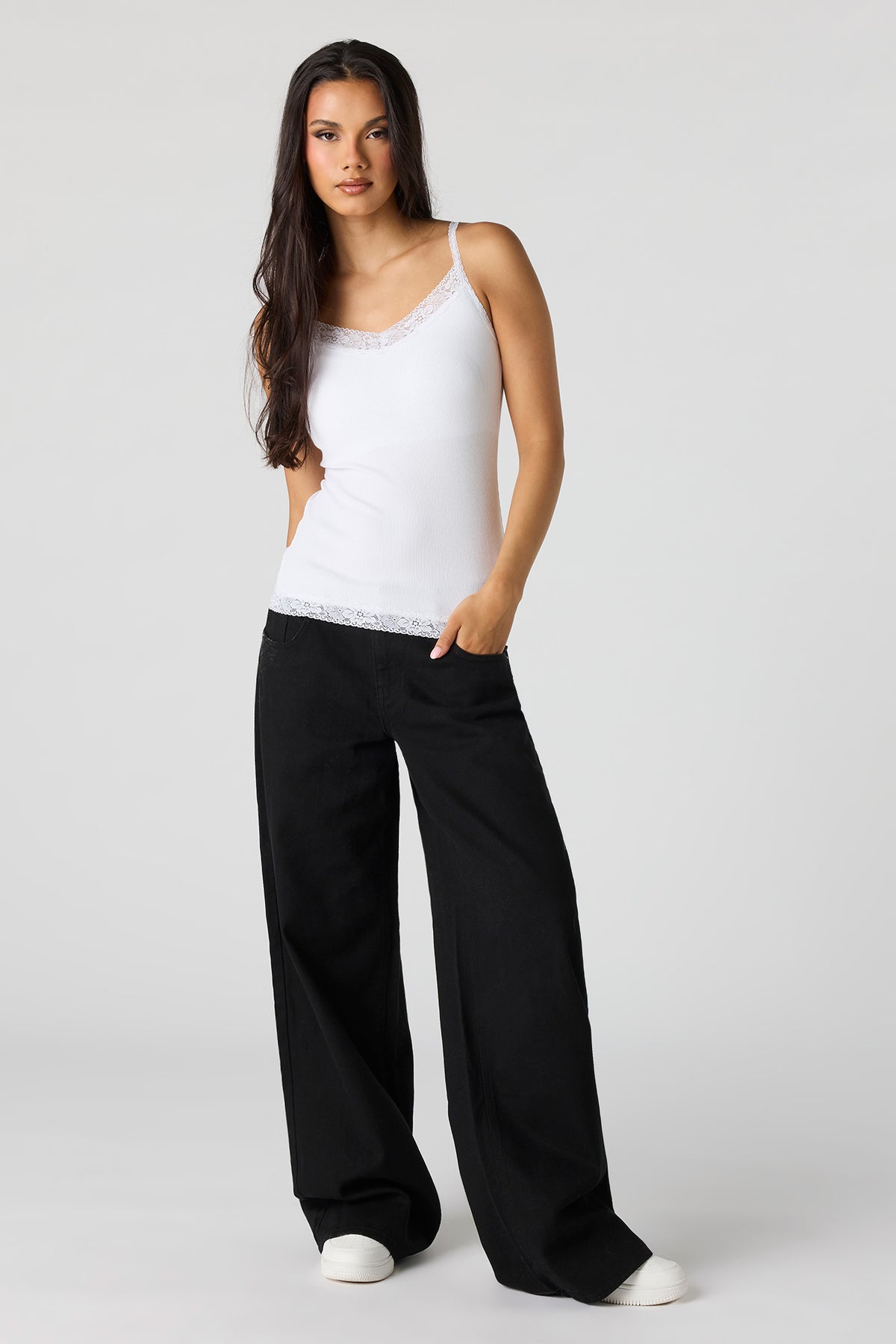 Alt View 3. Ribbed Lace Trim V-Neck Cami - White