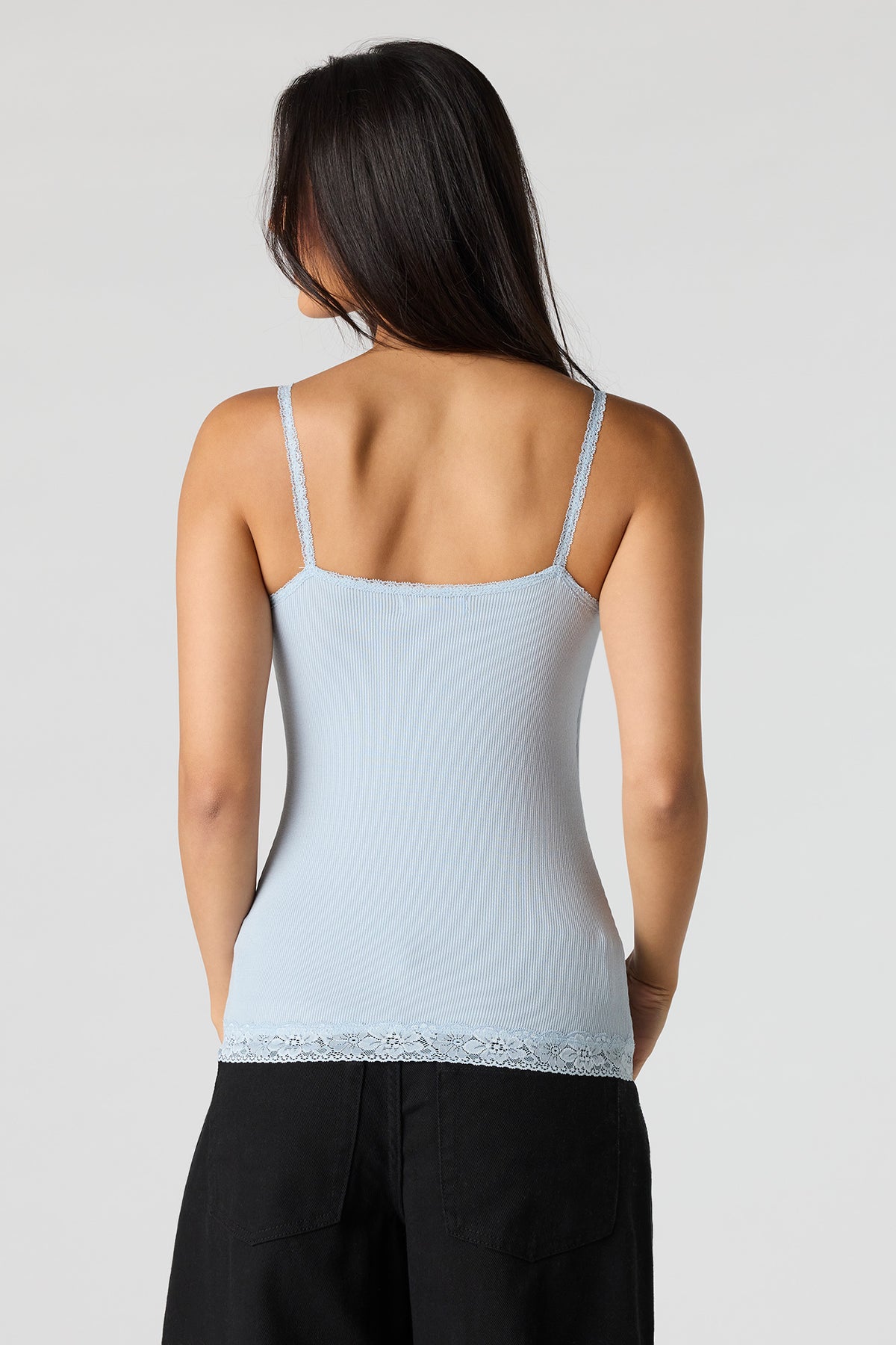 Alt View 2. Ribbed Lace Trim V-Neck Cami - Light Blue