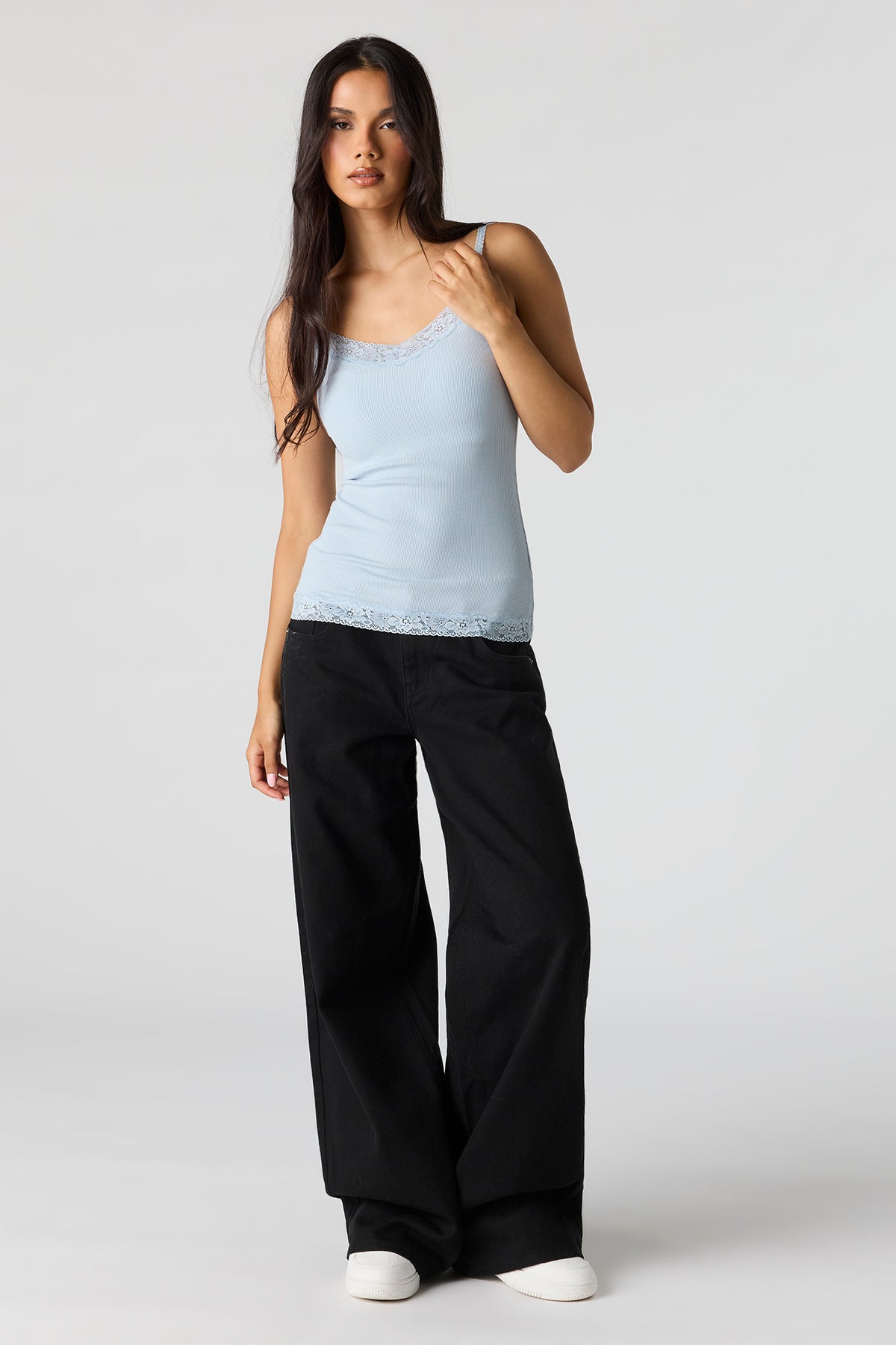 Alt View 3. Ribbed Lace Trim V-Neck Cami - Light Blue