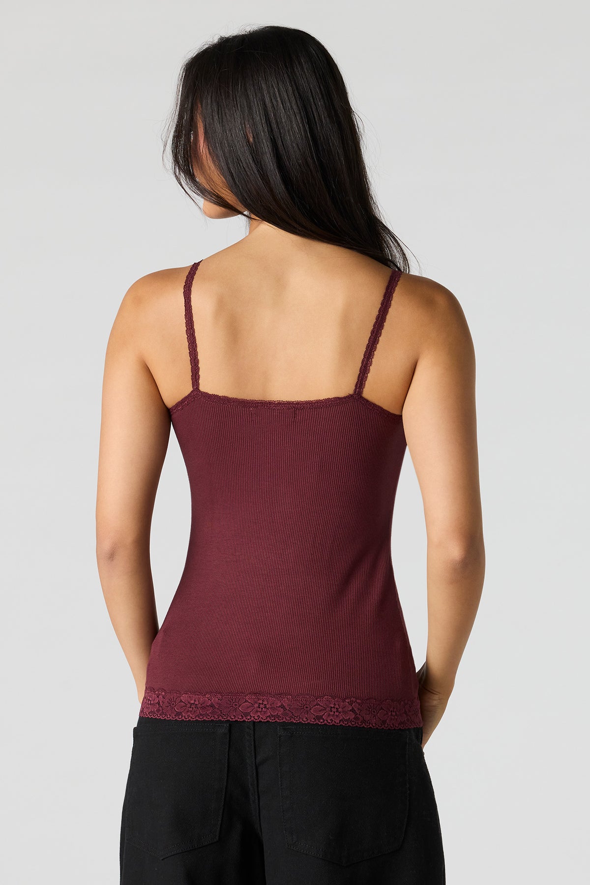 Alt View 2. Ribbed Lace Trim V-Neck Cami - Burgundy