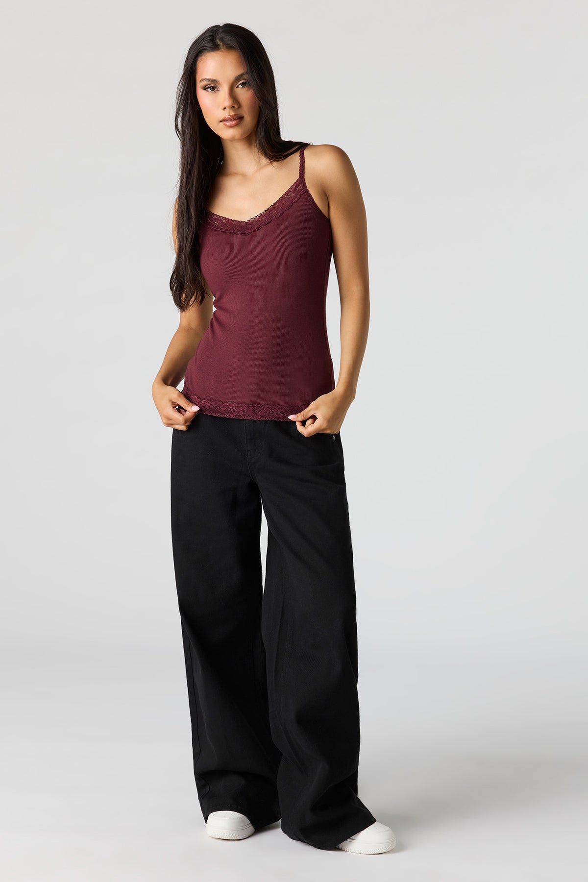 Alt View 3. Ribbed Lace Trim V-Neck Cami - Burgundy