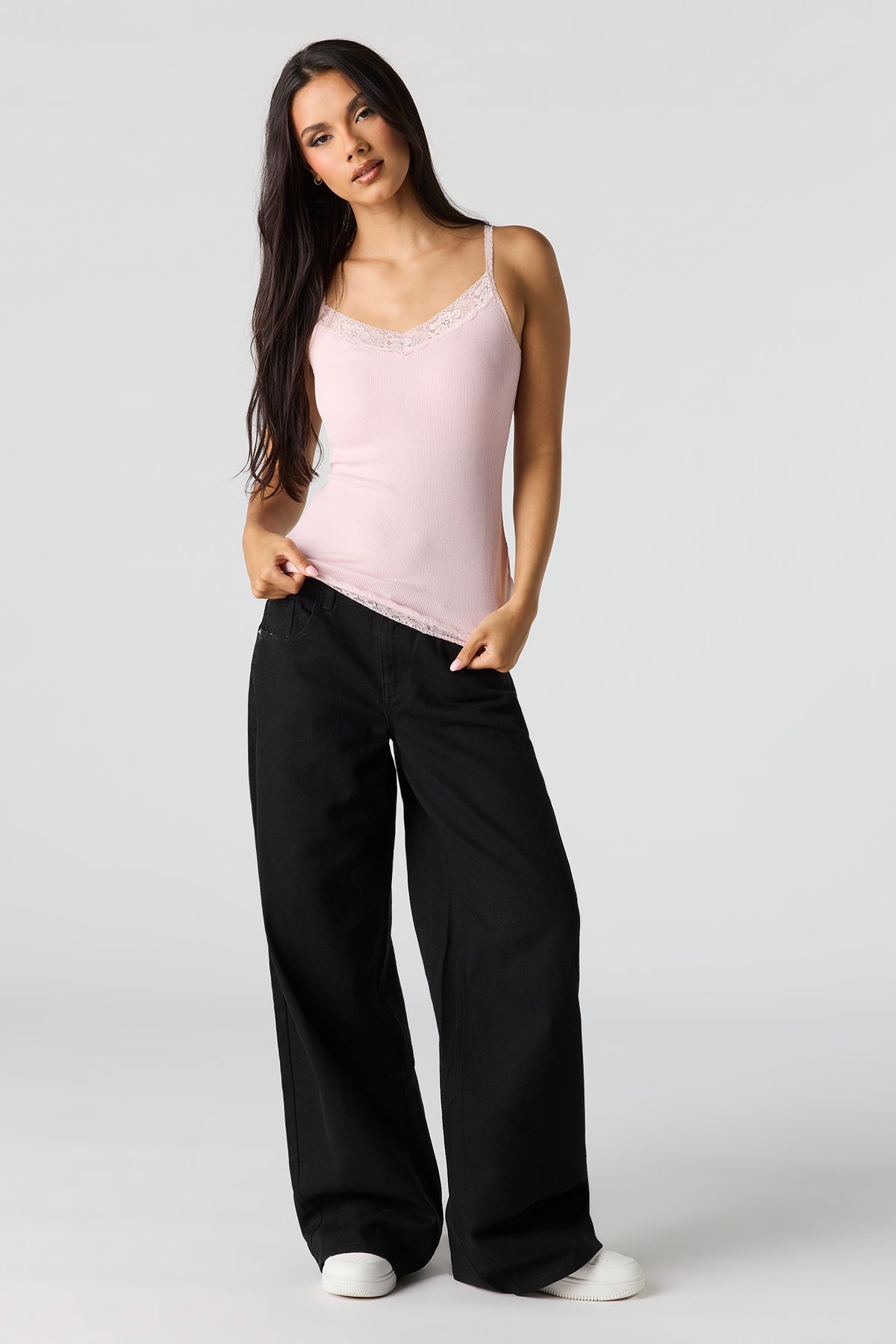 Alt View 3. Ribbed Lace Trim V-Neck Cami - Light Pink