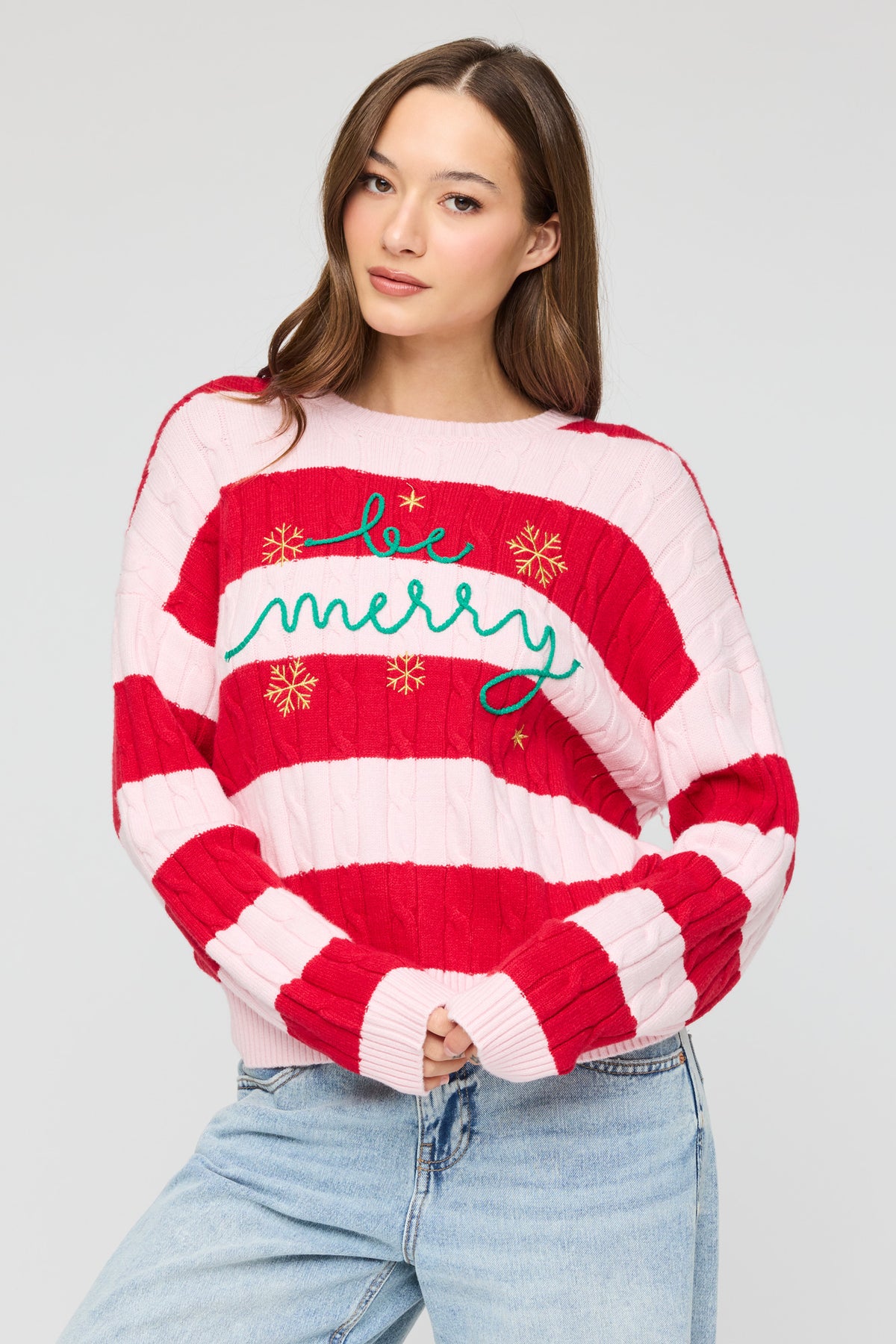 Chandail carré en tricot torsadé à imprimé Be Merry 