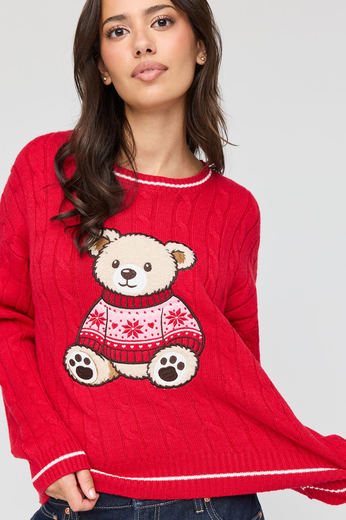 Vue alternative 4. Chandail carré en tricot torsadé de Noël à imprimé Ourson