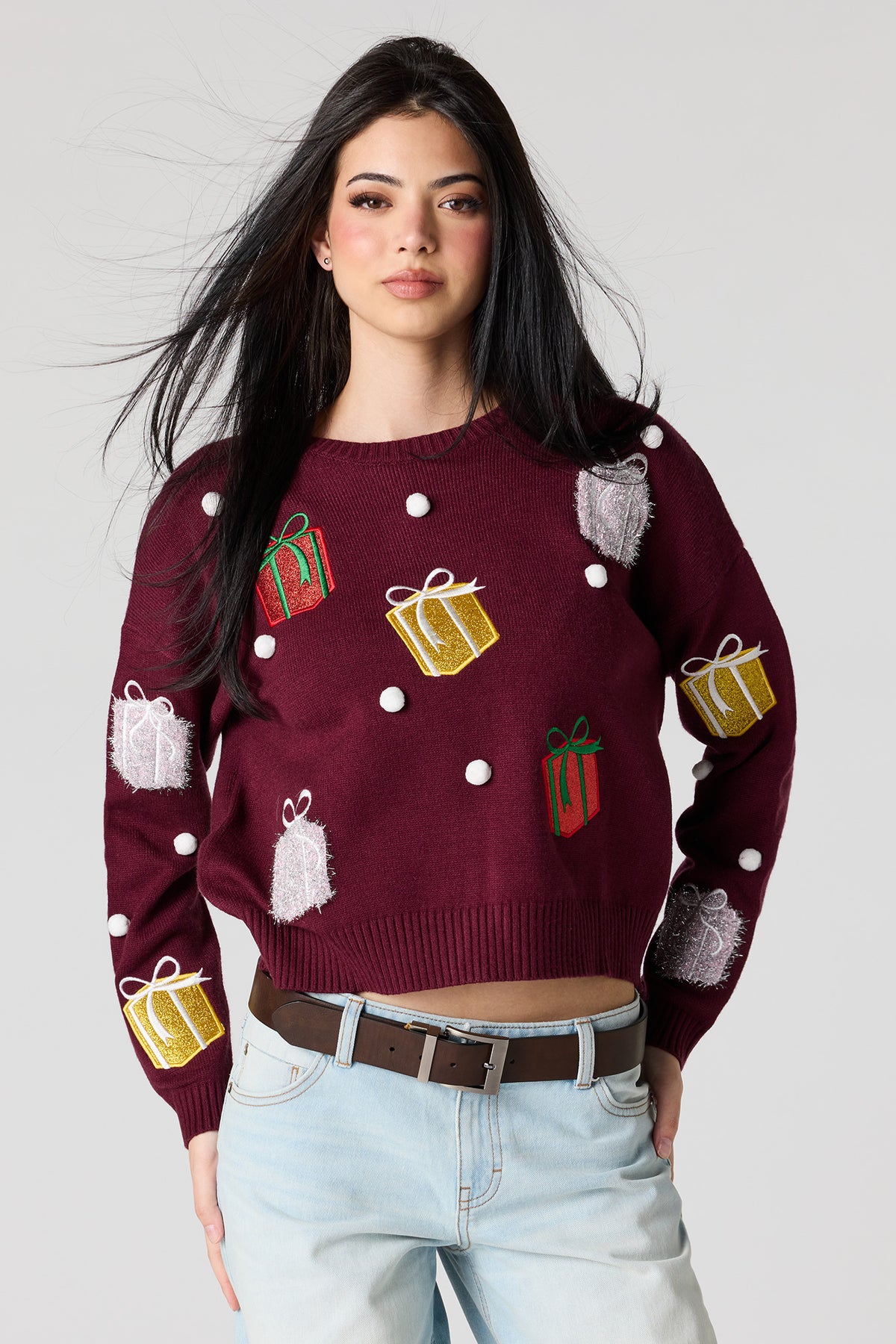 Boxy Pom Pom Christmas Sweater - Burgundy