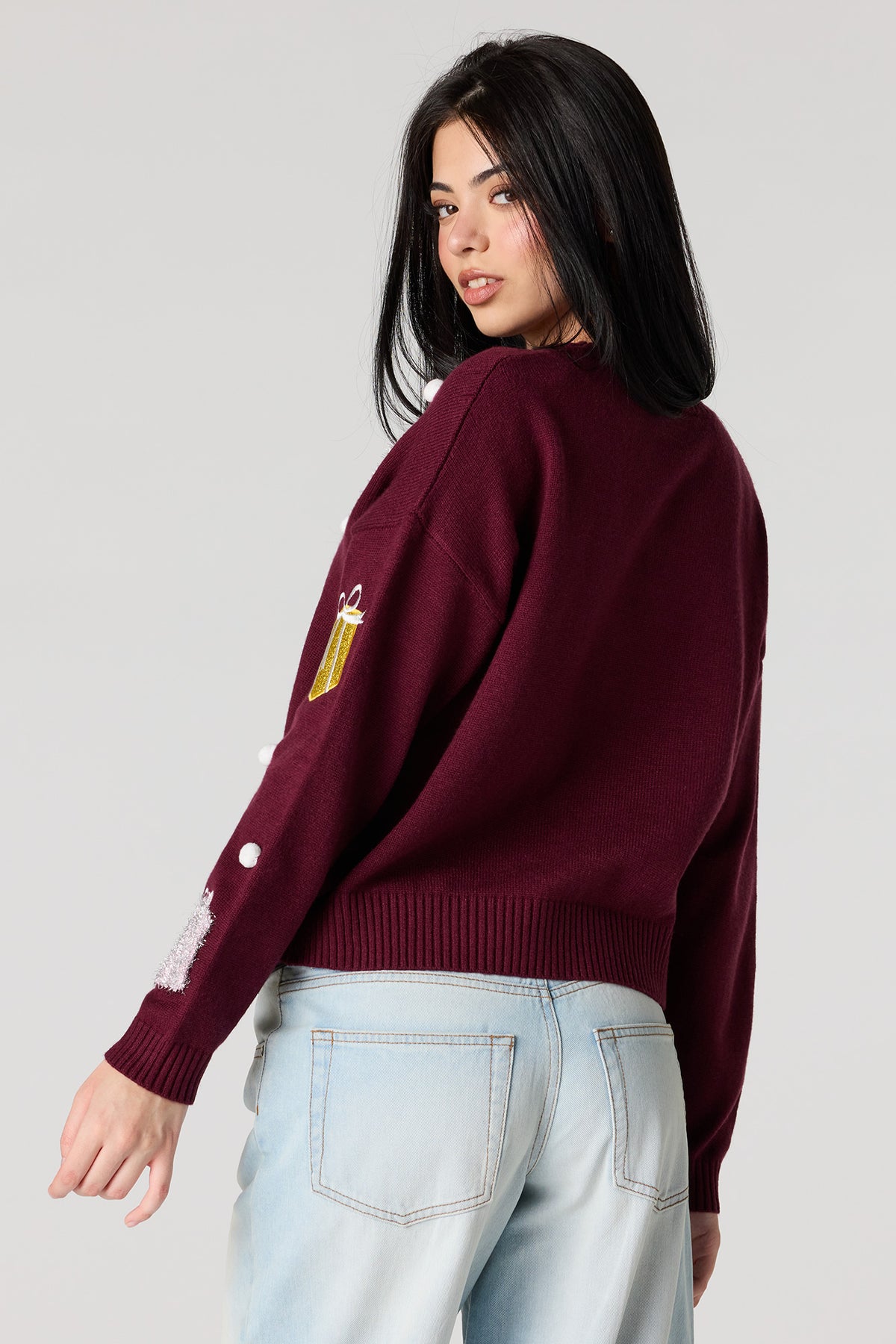 Alt View 2. Boxy Pom Pom Christmas Sweater - Burgundy