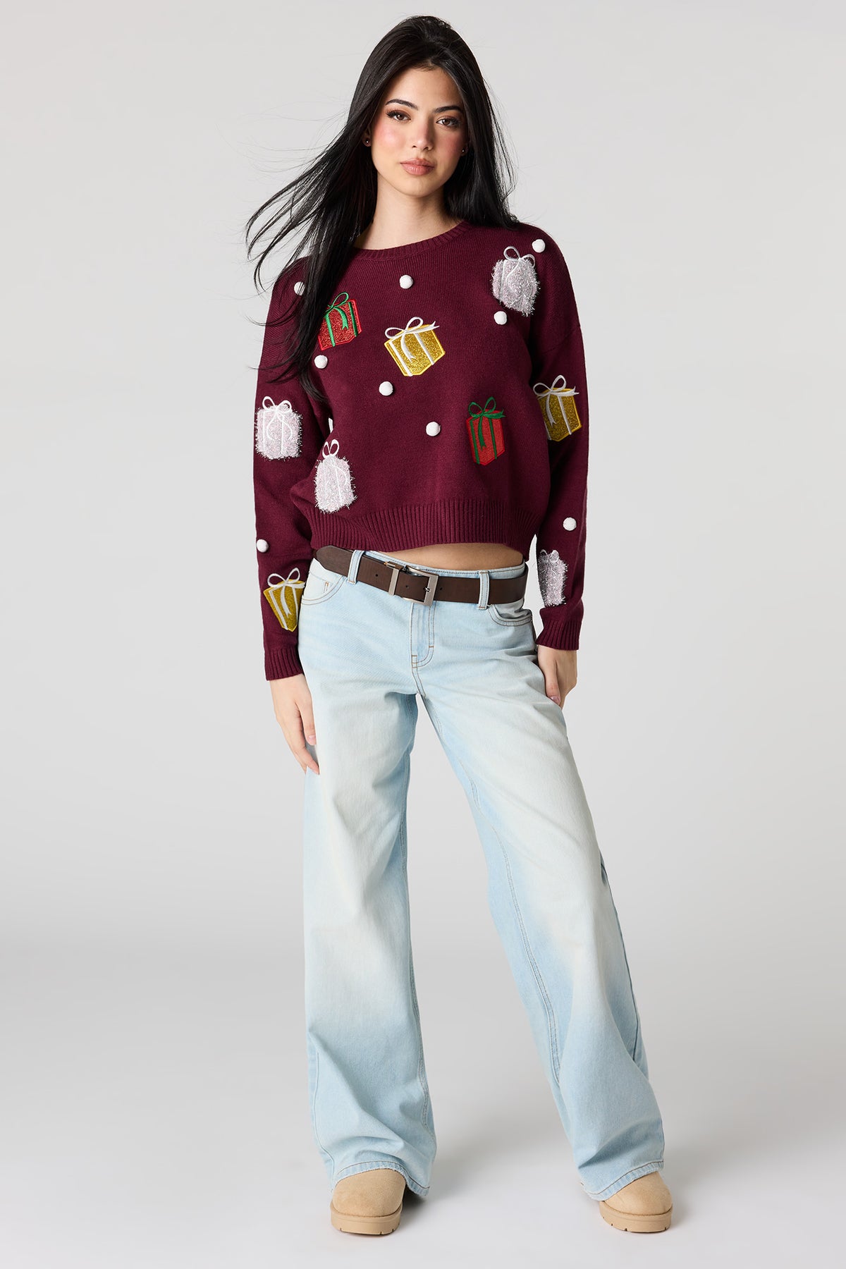 Alt View 3. Boxy Pom Pom Christmas Sweater - Burgundy