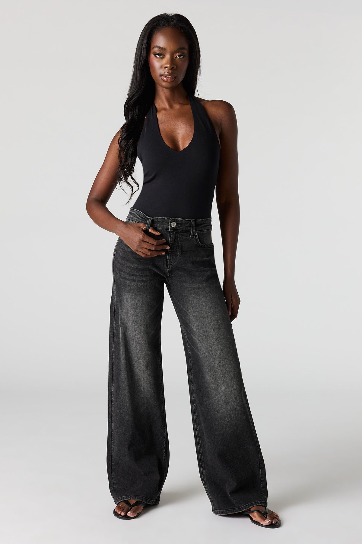 Paris Stretch High Rise Wide Leg Washed Black Jean - Black