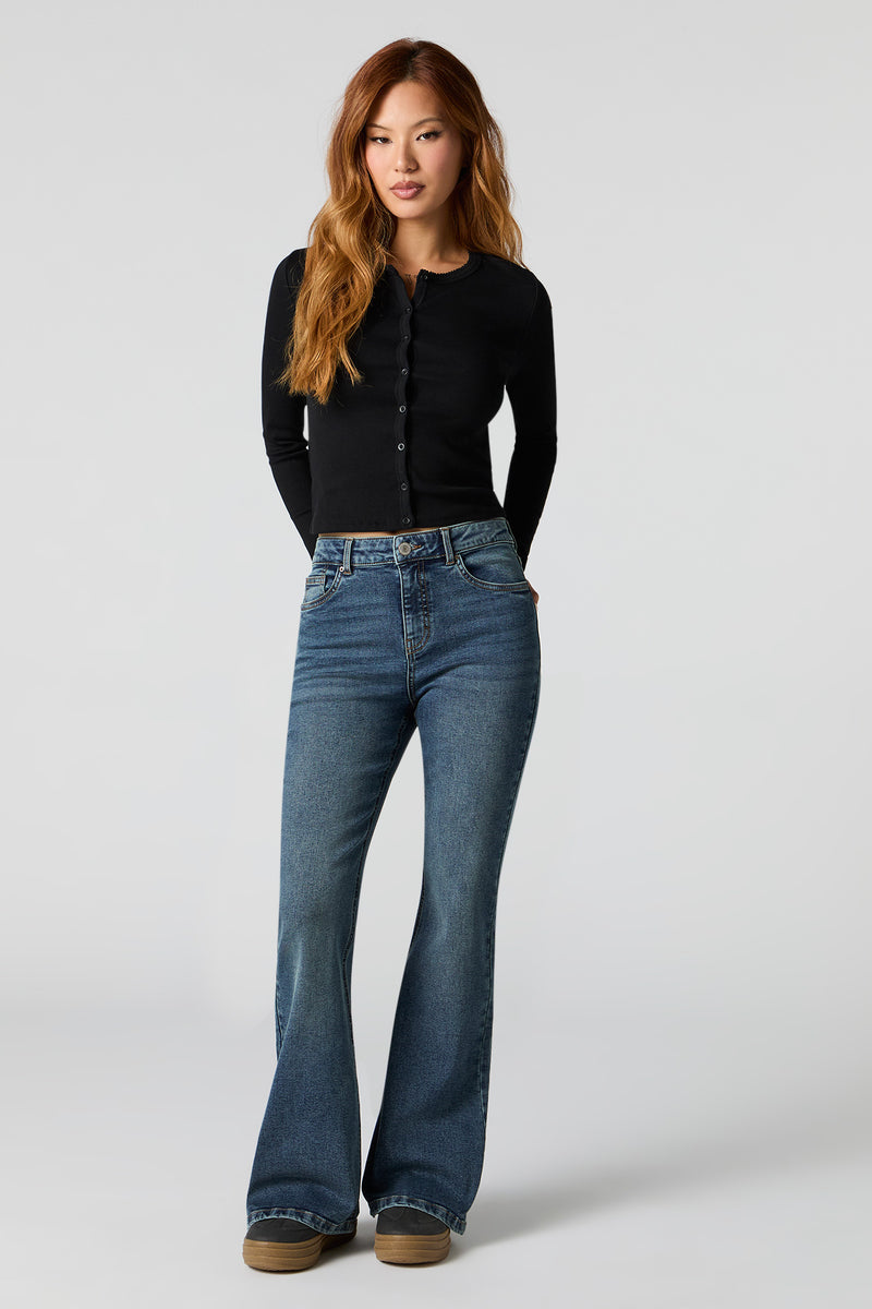 Jean extensible à taille haute et jambe évasée lavé vintage