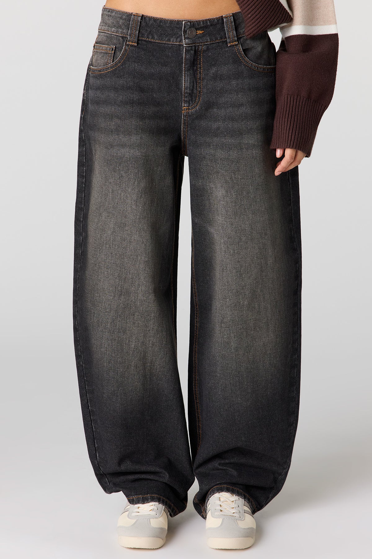 Alt View 2. Low Rise Barrel Washed Black Jean - Plaid