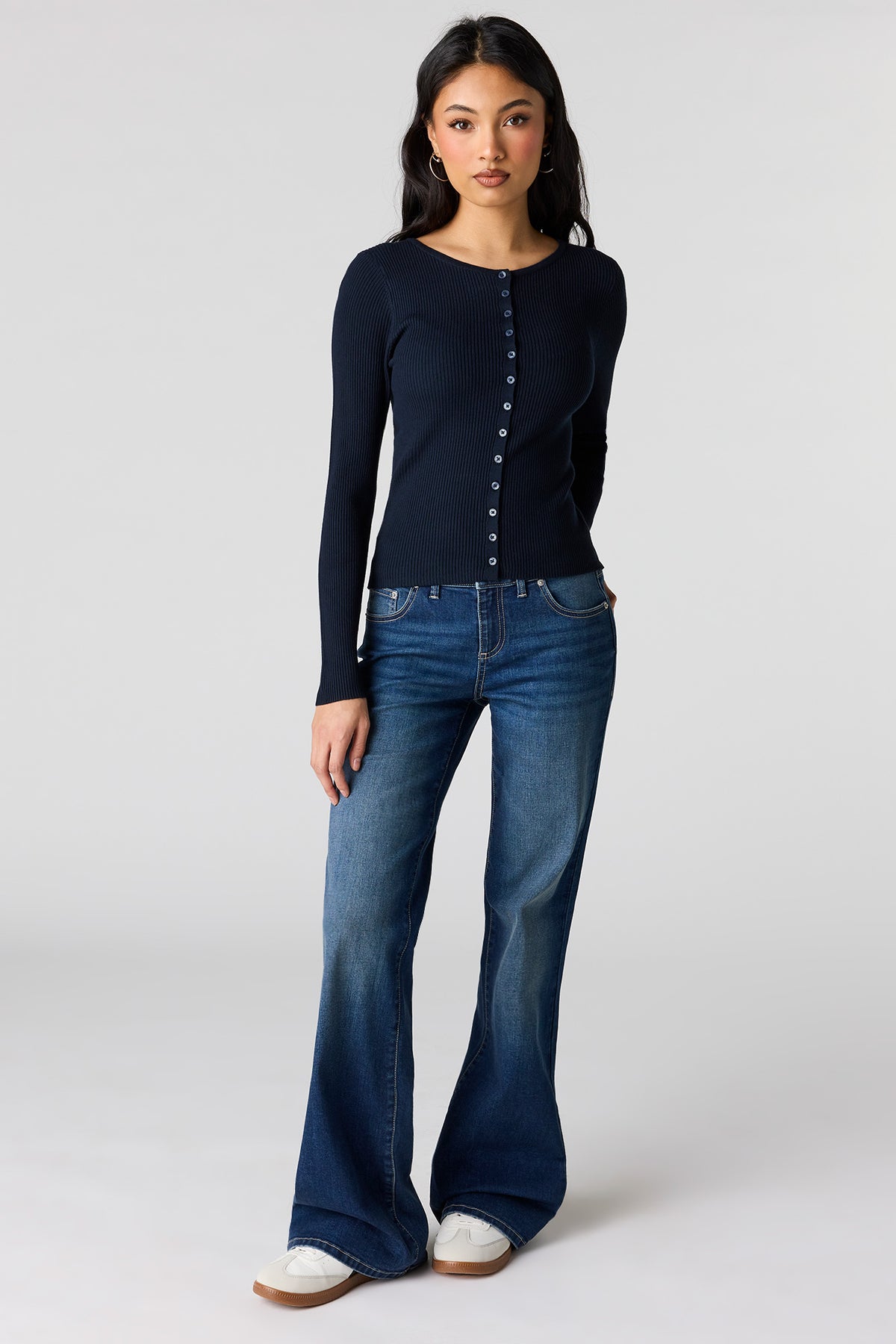 Stretch Low Rise Relaxed Flare Dark Jean - Denim Blue