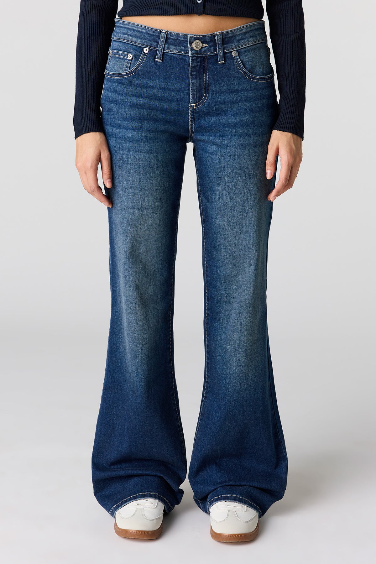 Alt View 2. Stretch Low Rise Relaxed Flare Dark Jean - Denim Blue