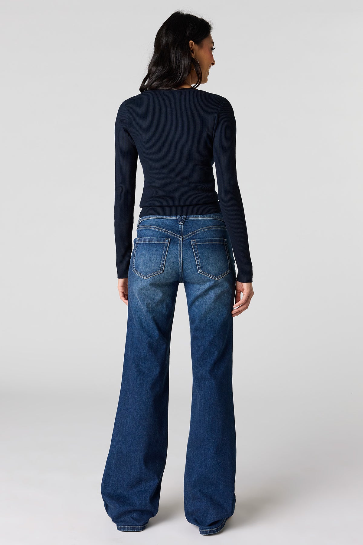 Alt View 3. Stretch Low Rise Relaxed Flare Dark Jean - Denim Blue