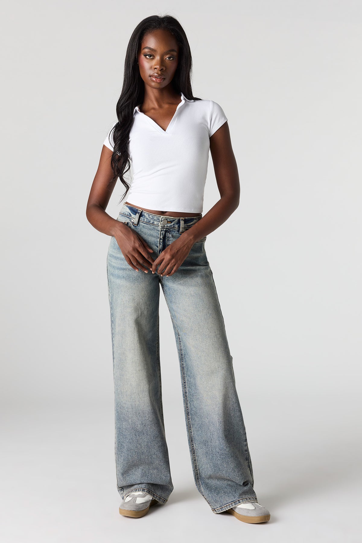 Jean Paris extensible à jambe large délavé moyen vintage à taille haute