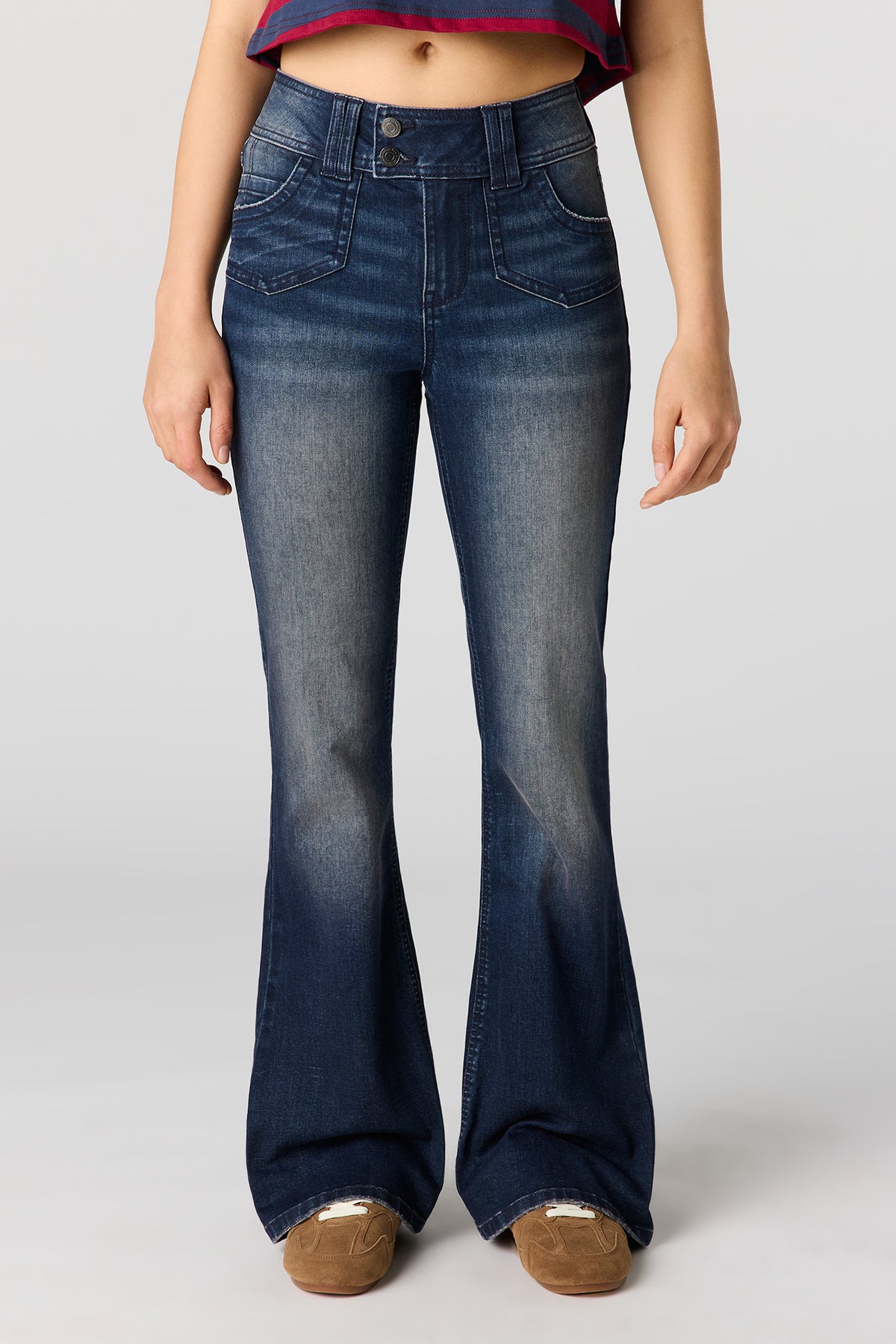Alt View 2. Mid Rise Flare Dark Jean - Denim Blue