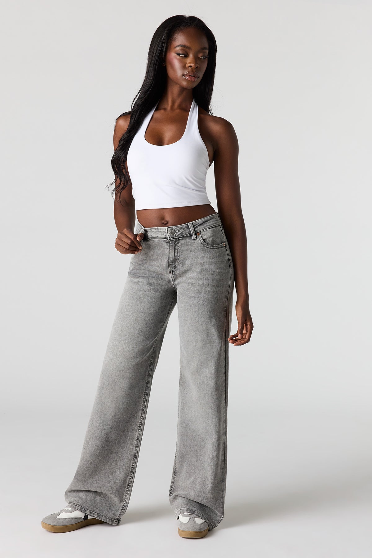 Paris Stretch High Rise Wide Leg Grey Jean - Charcoal
