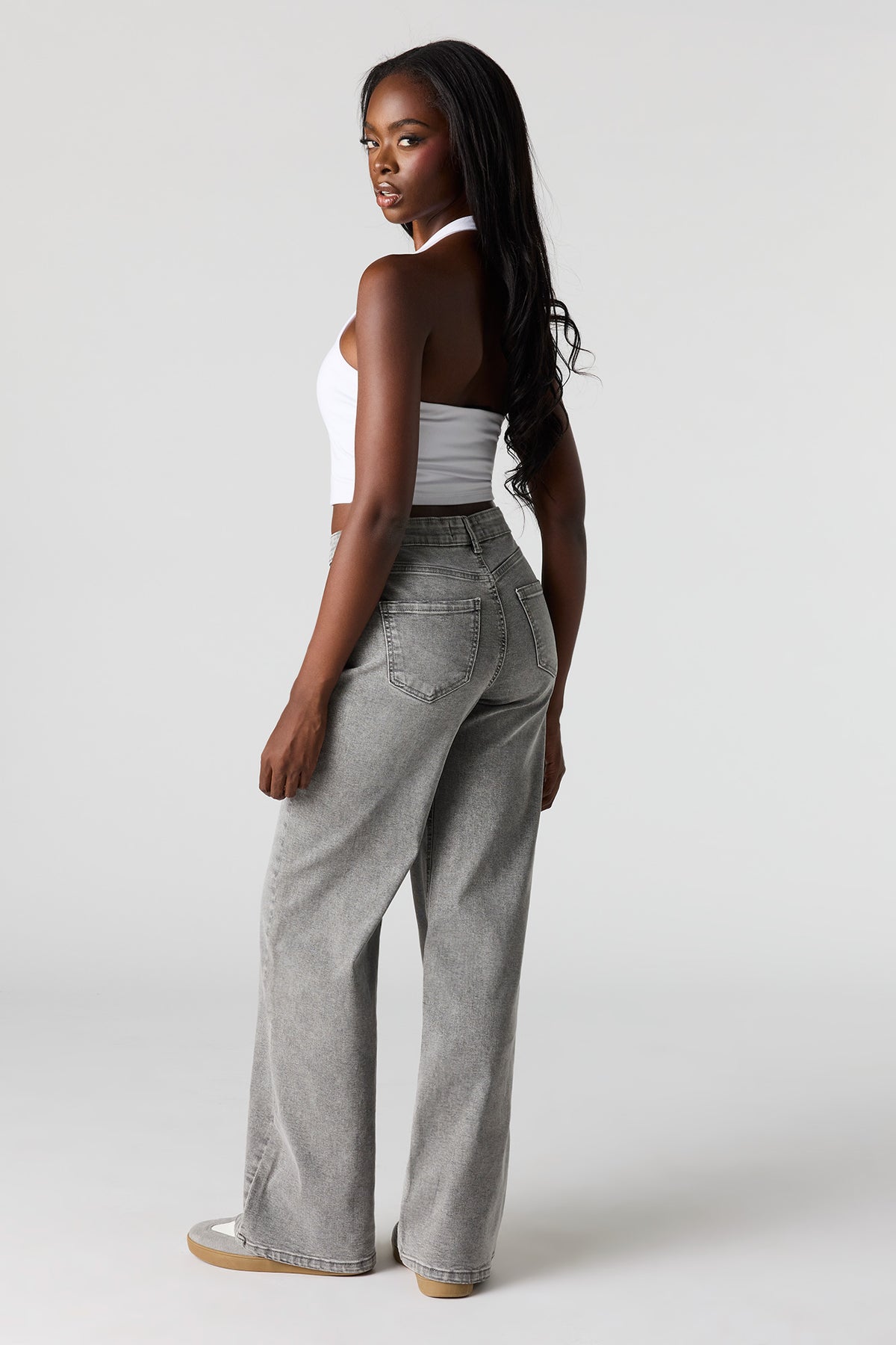 Alt View 3. Paris Stretch High Rise Wide Leg Grey Jean - Charcoal