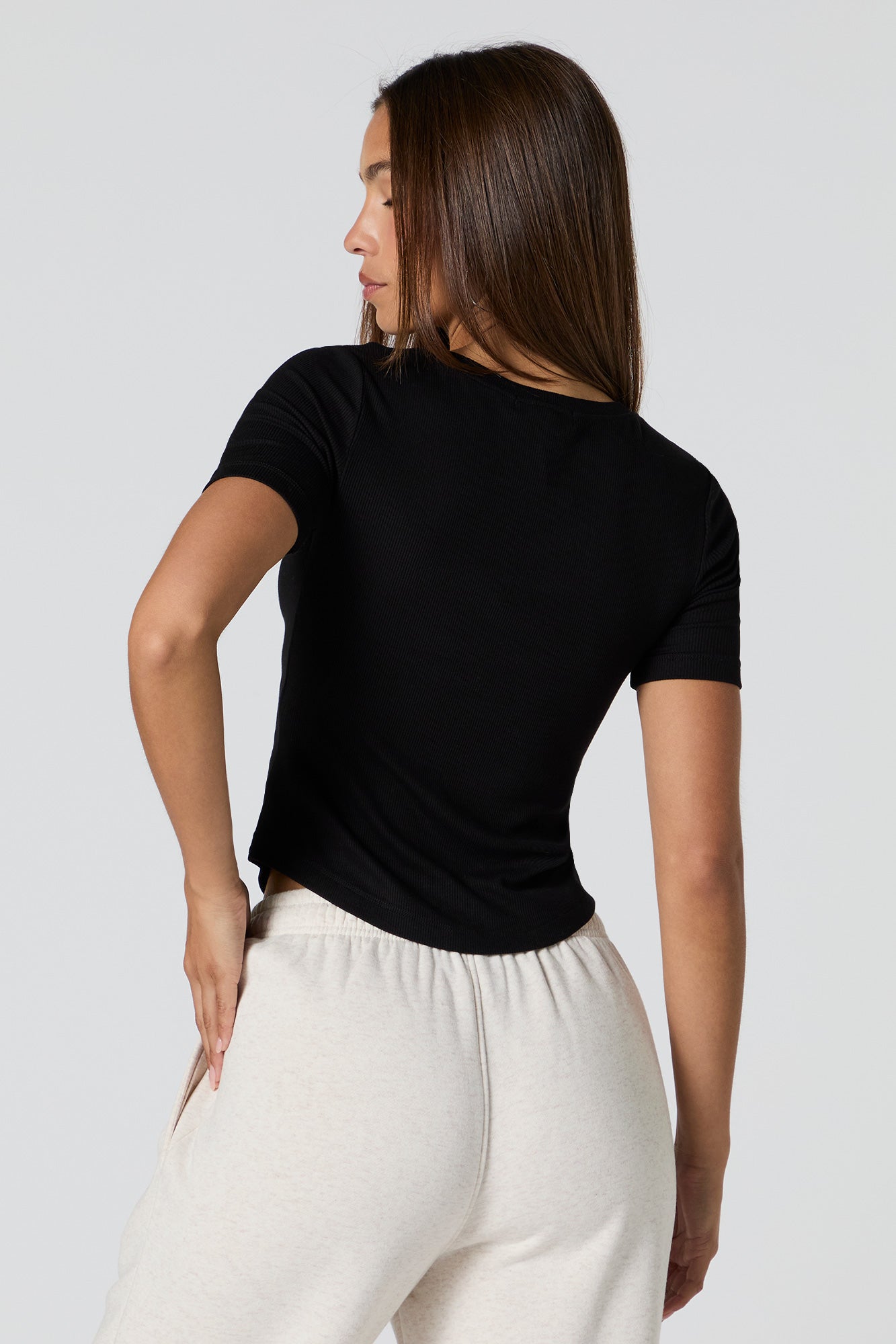 Ribbed Curved Hem T-Shirt