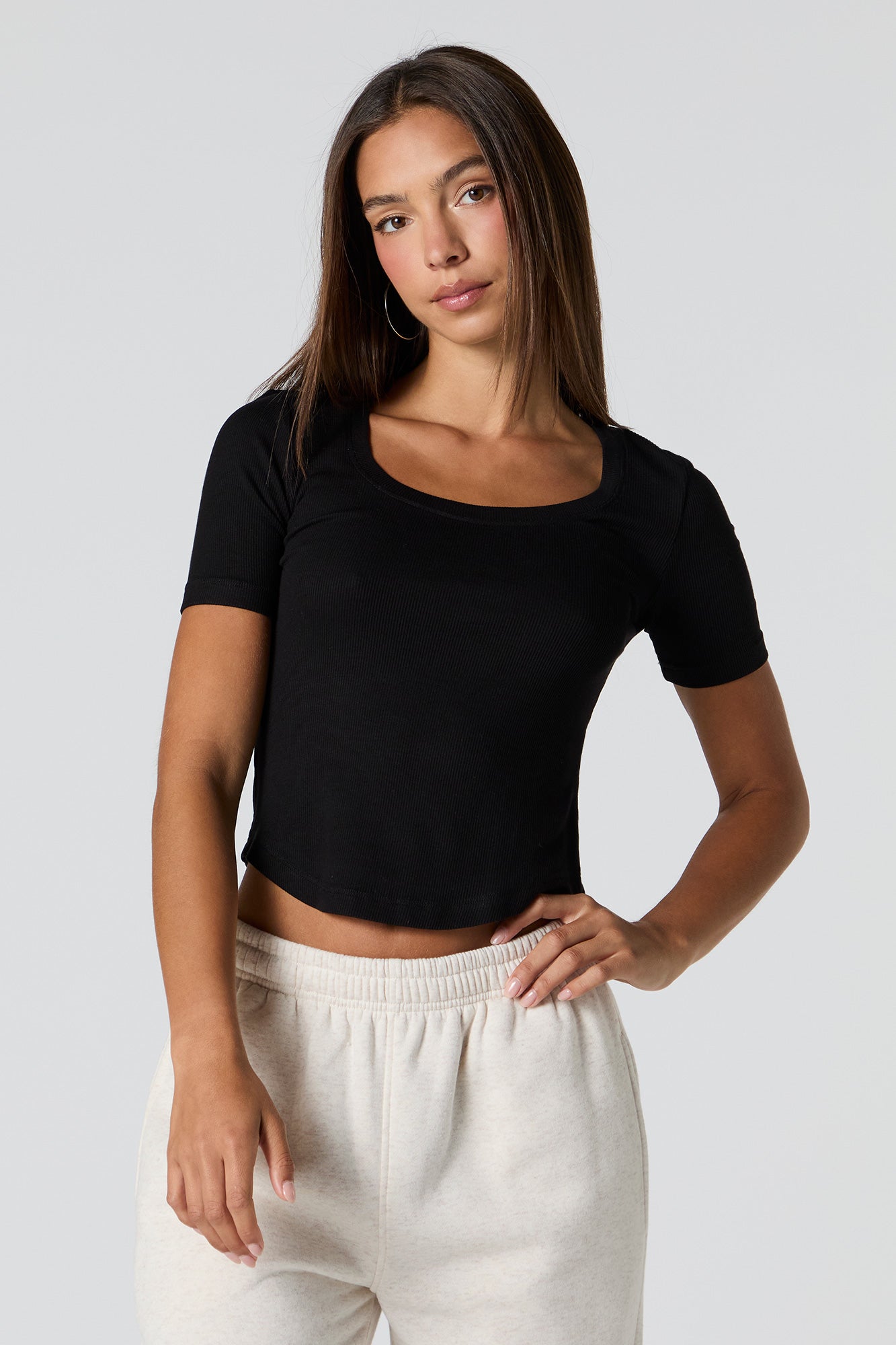 Ribbed Curved Hem T-Shirt