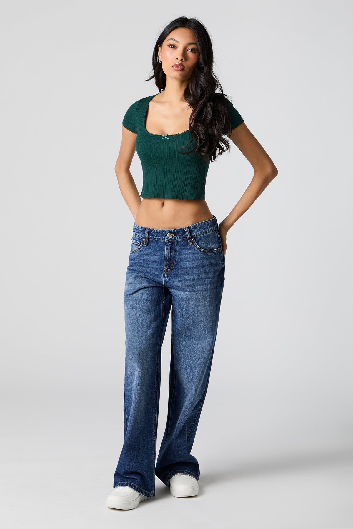 Alt View 3. Pointelle Scoop Neck Crop Top - Hunter Green