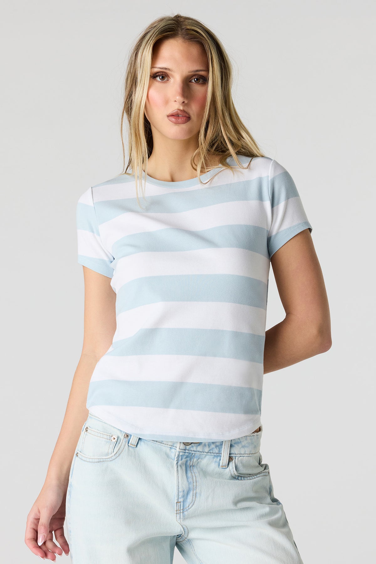 Striped Ribbed T-Shirt - Light Denim Blue