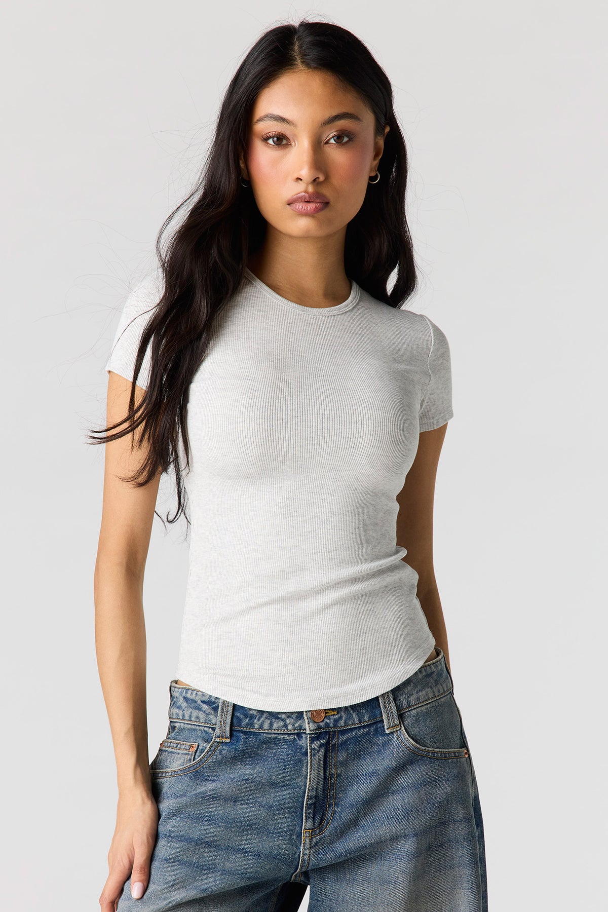 Ribbed Curved Hem T-Shirt - Heather Grey