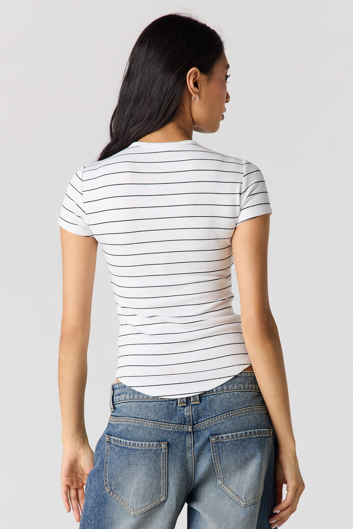 Alt View 2. Ribbed Curved Hem T-Shirt - Black with White