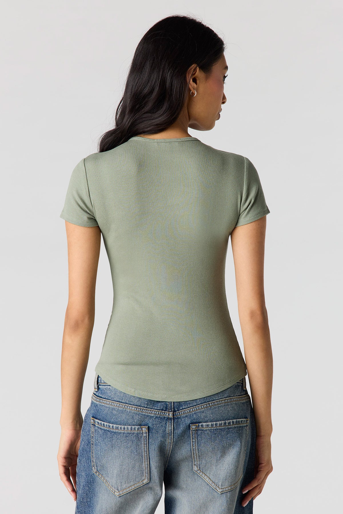 Alt View 2. Ribbed Curved Hem T-Shirt - Dark Green