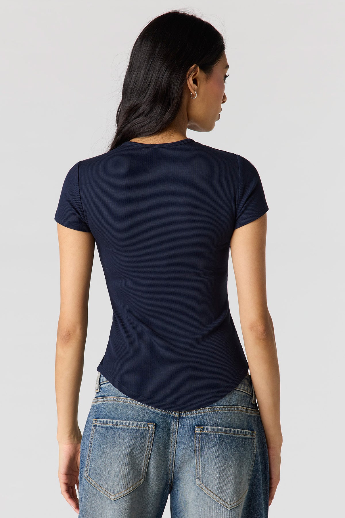 Alt View 2. Ribbed Curved Hem T-Shirt - Navy