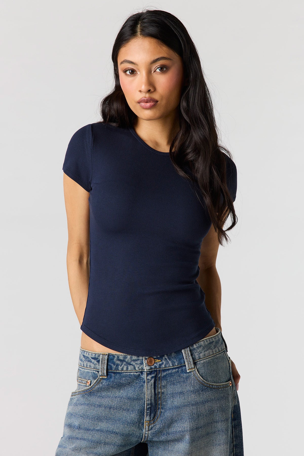 Ribbed Curved Hem T-Shirt - Navy