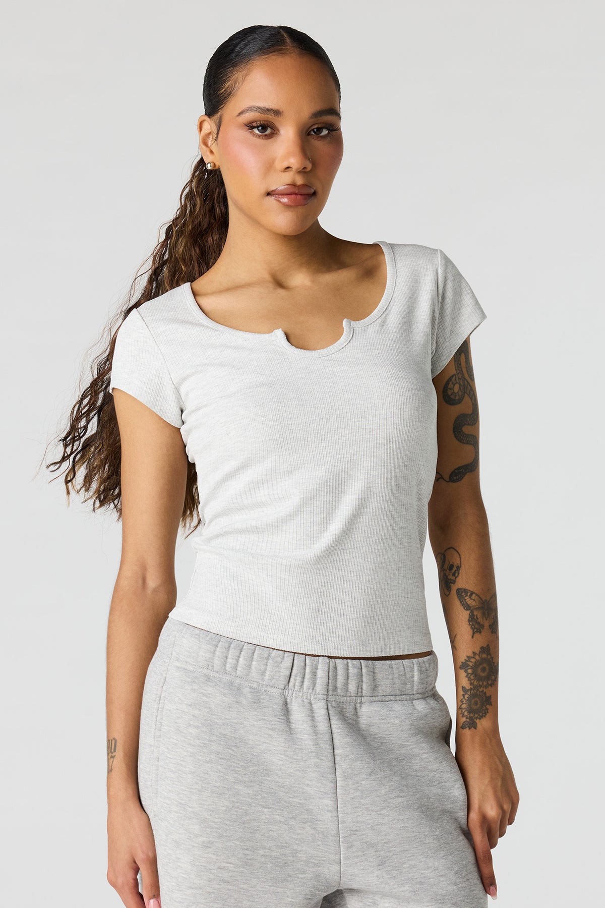 Scoop Neck Ribbed T-Shirt - Heather Grey
