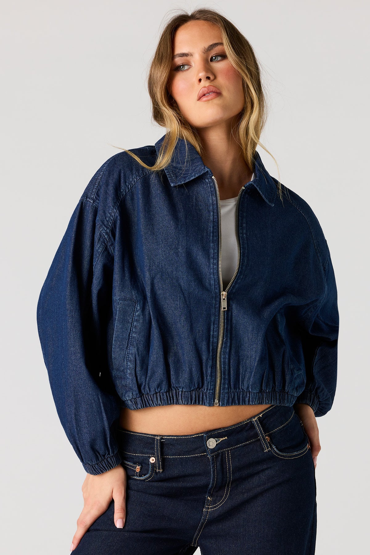 Zip-Up Denim Bomber Jacket - Rinse Denim