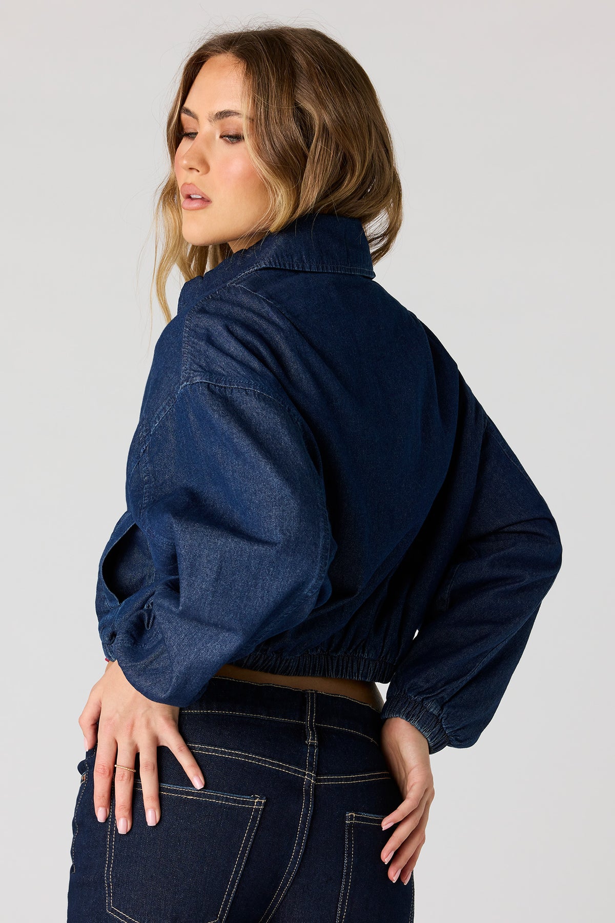 Alt View 2. Zip-Up Denim Bomber Jacket - Rinse Denim