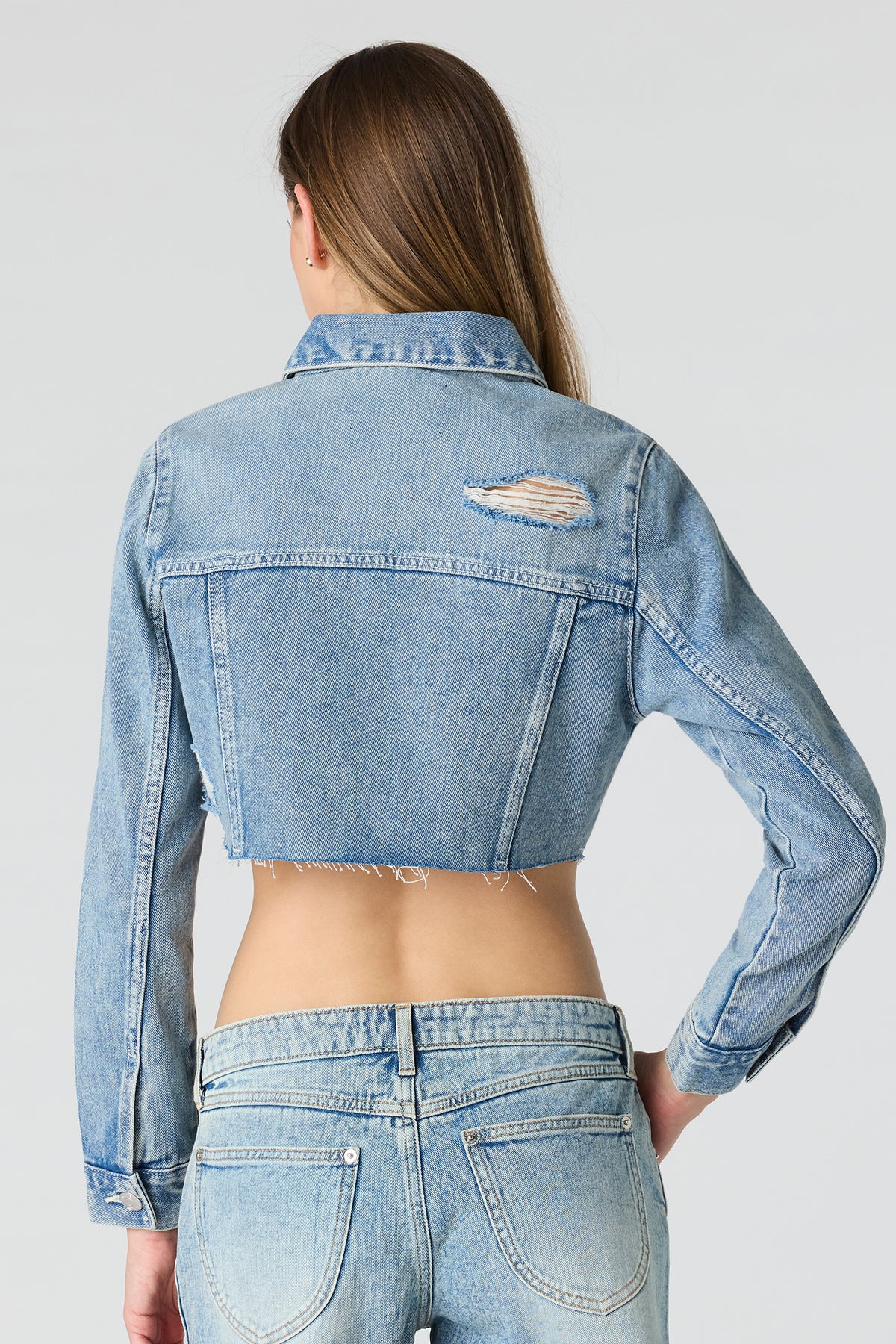 Alt View 2. Ripped Cropped Denim Jacket - Light Denim Blue